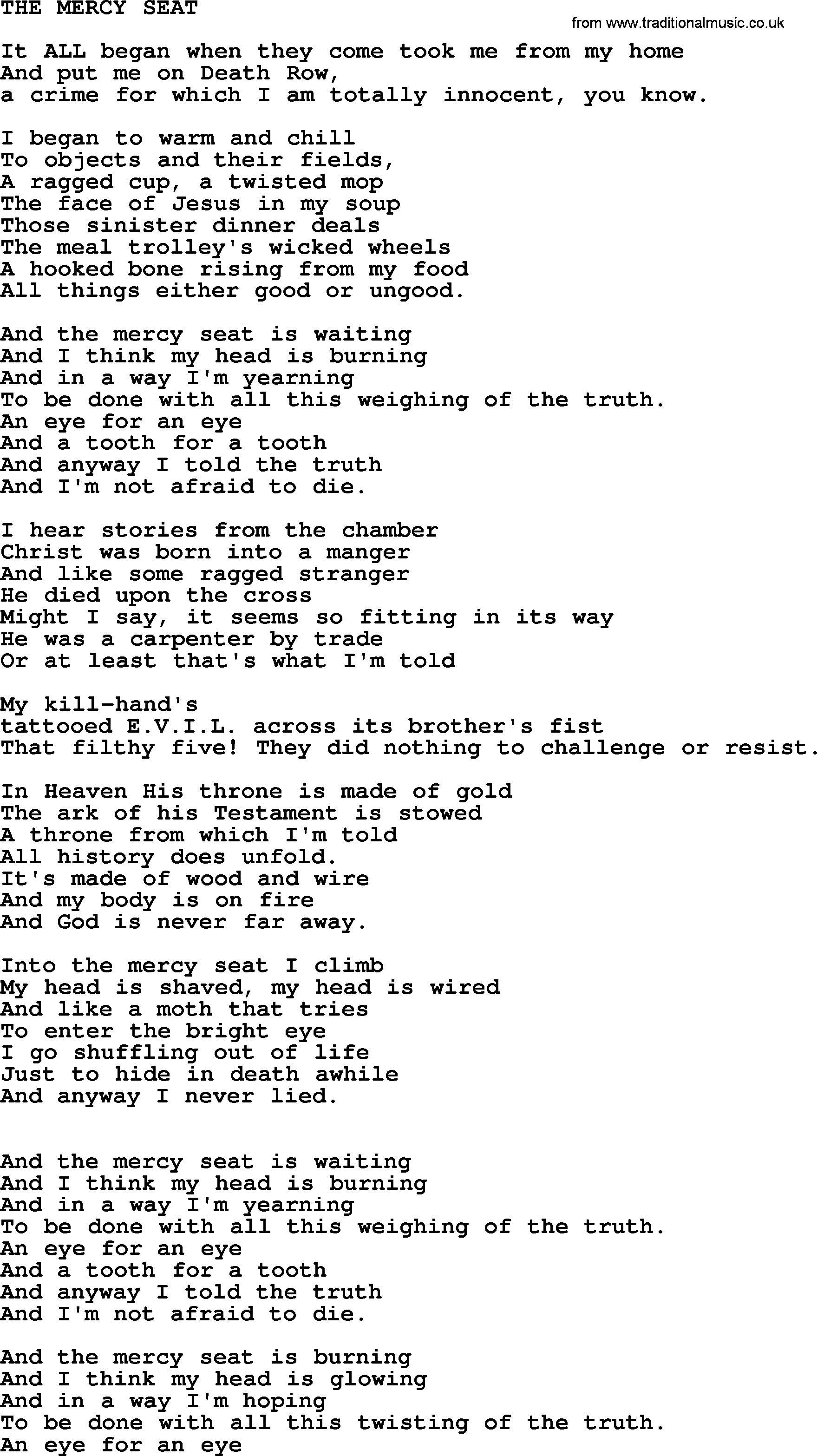 Johnny Cash song The Mercy Seat.txt lyrics