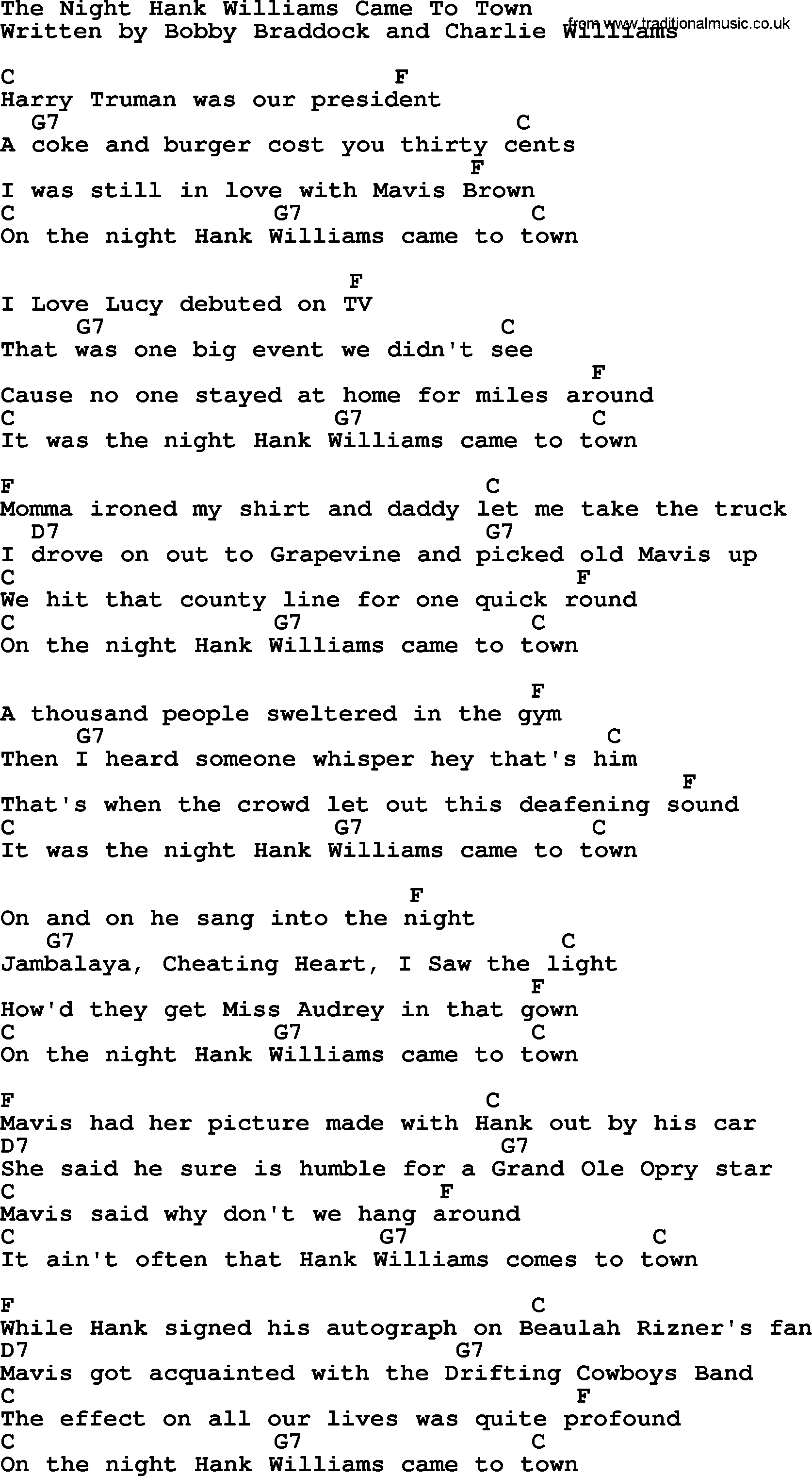Johnny Cash song The Night Hank Williams Came To Town, lyrics and chords
