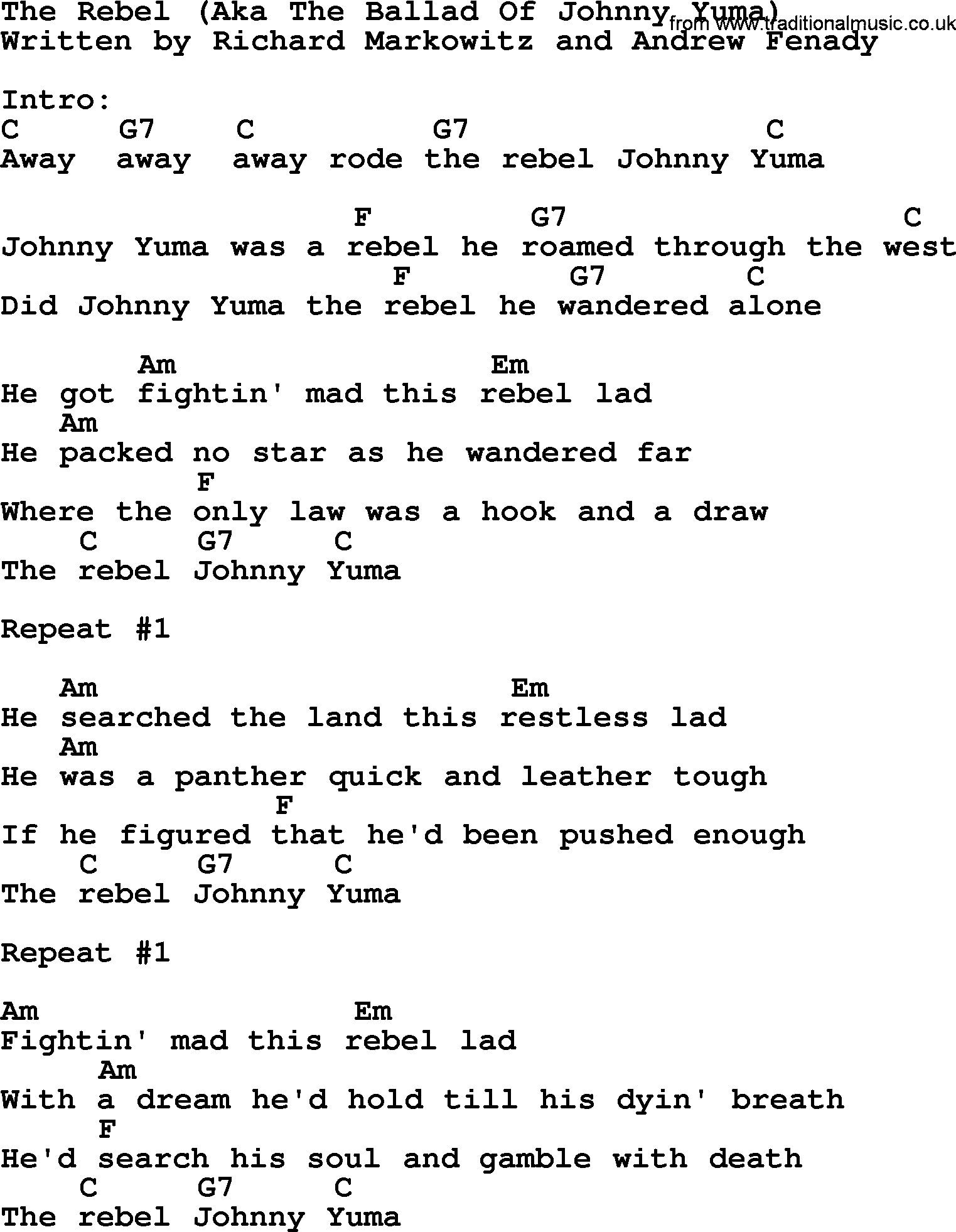 Johnny Cash song The Rebel(The Ballad Of Johnny Yuma), lyrics and chords