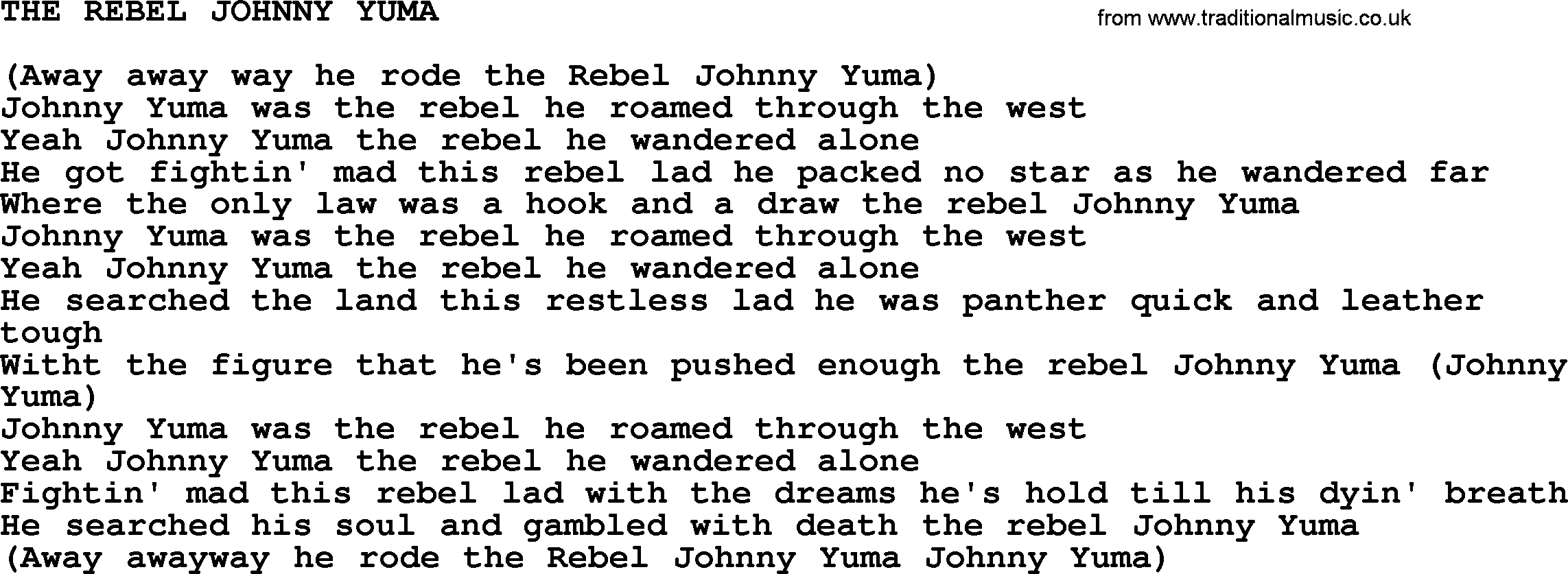 Johnny Cash song The Rebel Johnny Yuma.txt lyrics