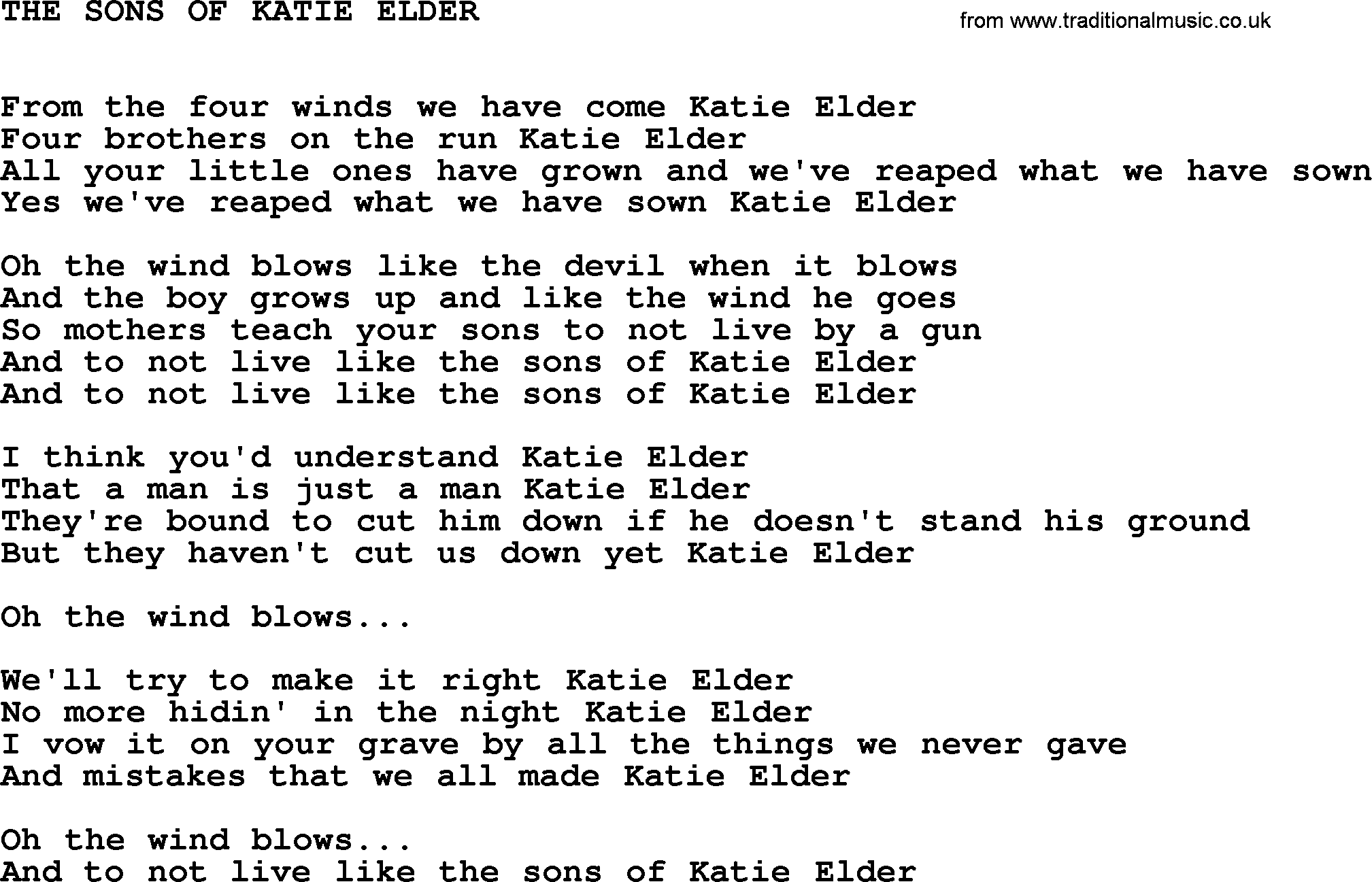Johnny Cash song The Sons Of Katie Elder.txt lyrics
