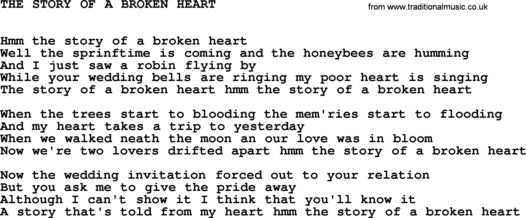 Johnny Cash song The Story Of A Broken Heart.txt lyrics