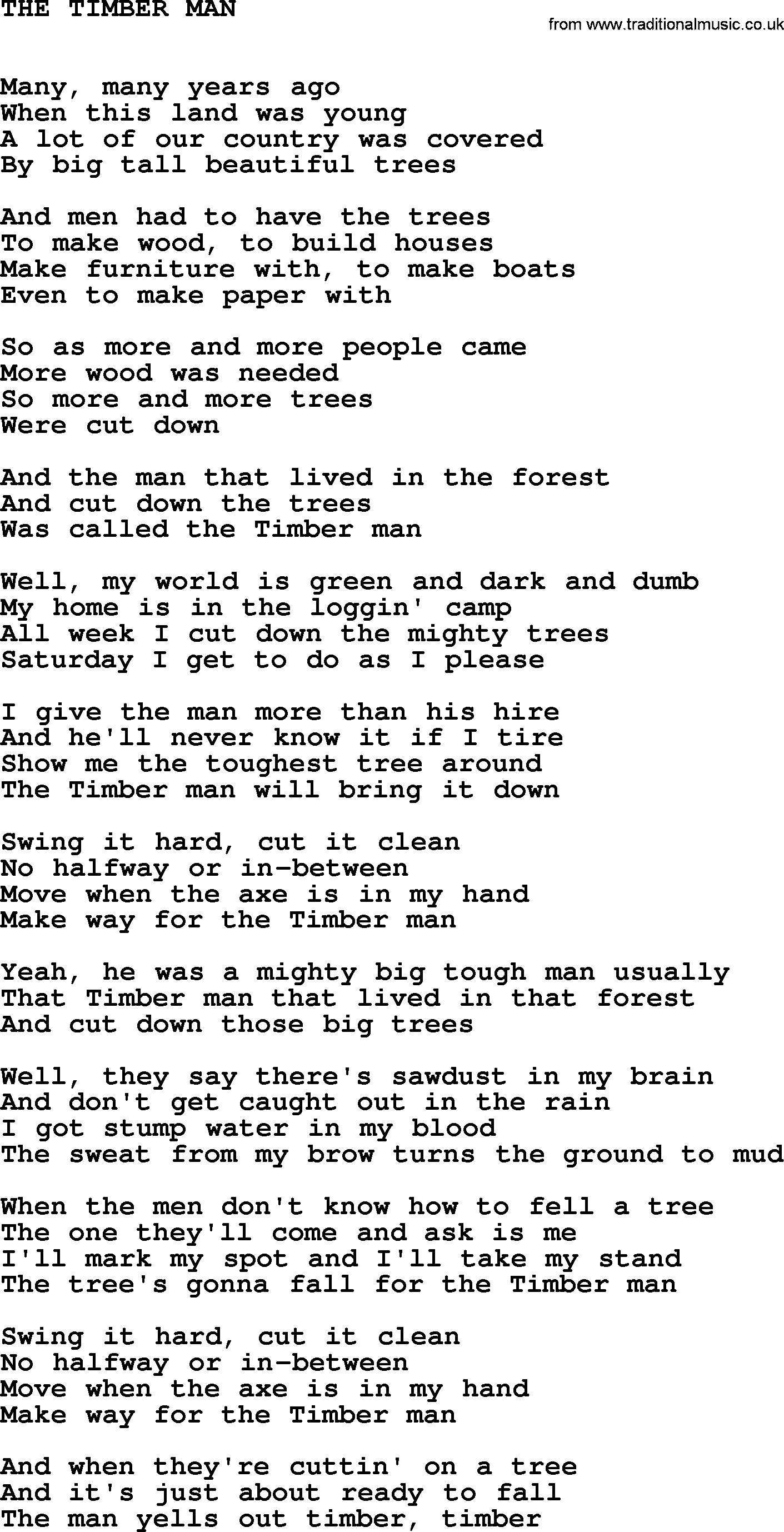 Johnny Cash song The Timber Man.txt lyrics