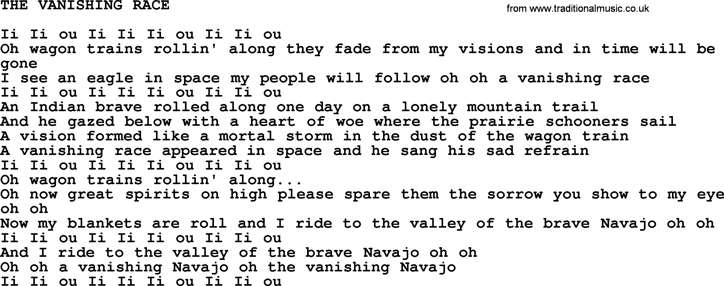 Johnny Cash song The Vanishing Race.txt lyrics