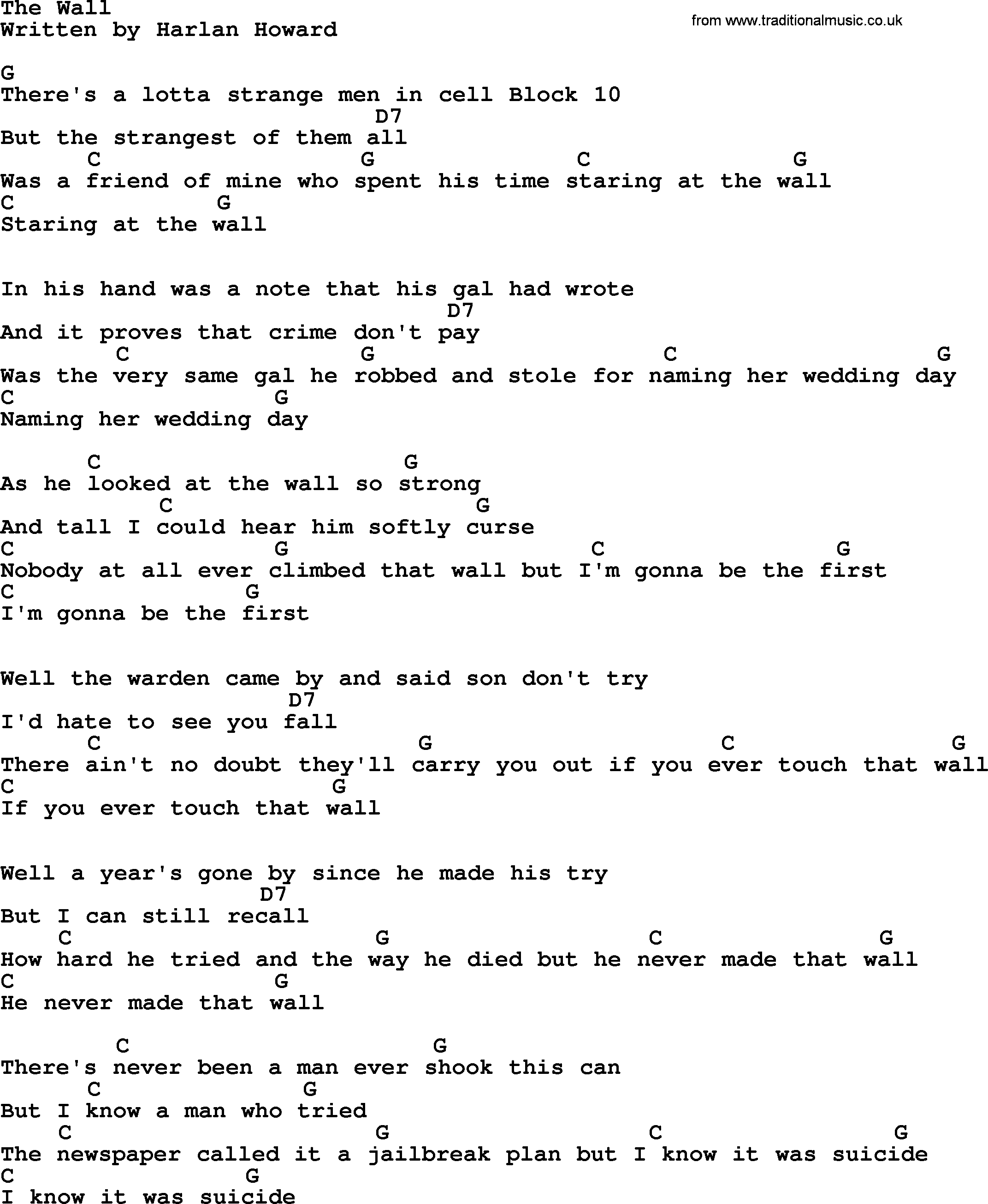 Johnny Cash song The Wall, lyrics and chords