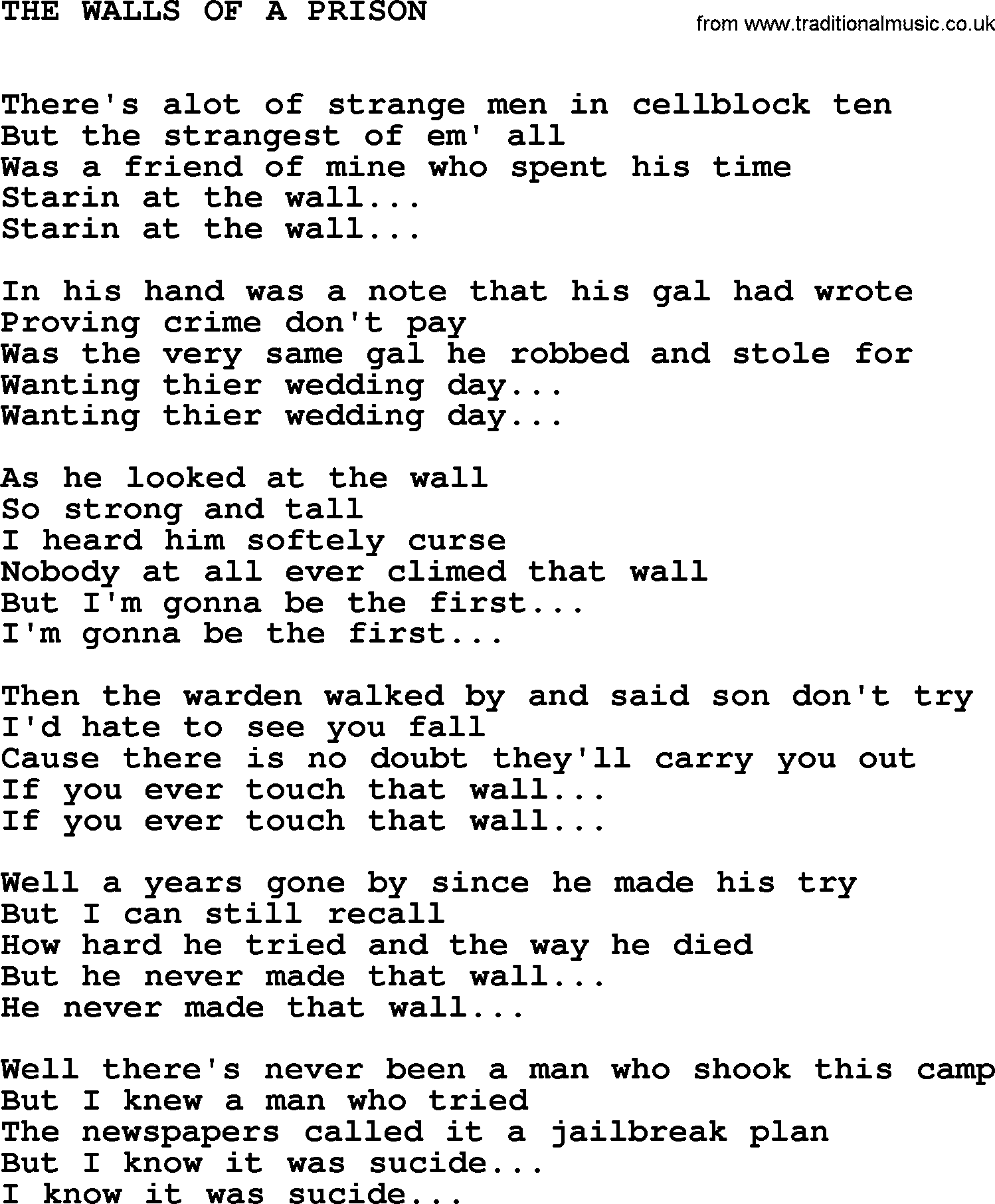 Johnny Cash song The Walls Of A Prison.txt lyrics