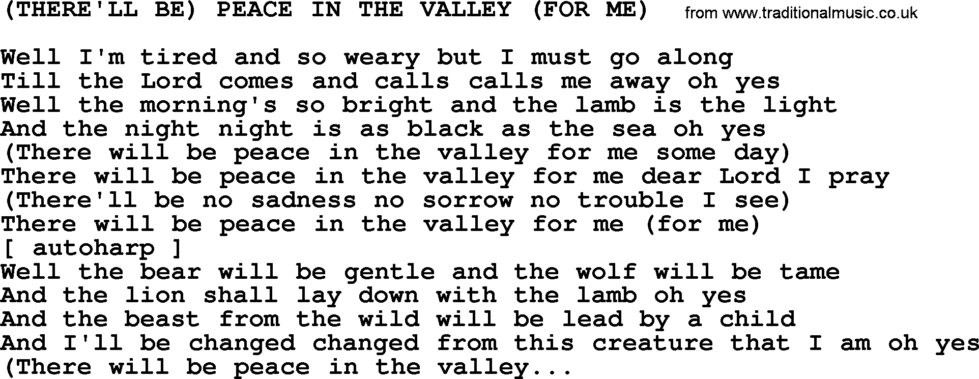 Johnny Cash song There'll Be Peace In The Valley For Me.txt lyrics
