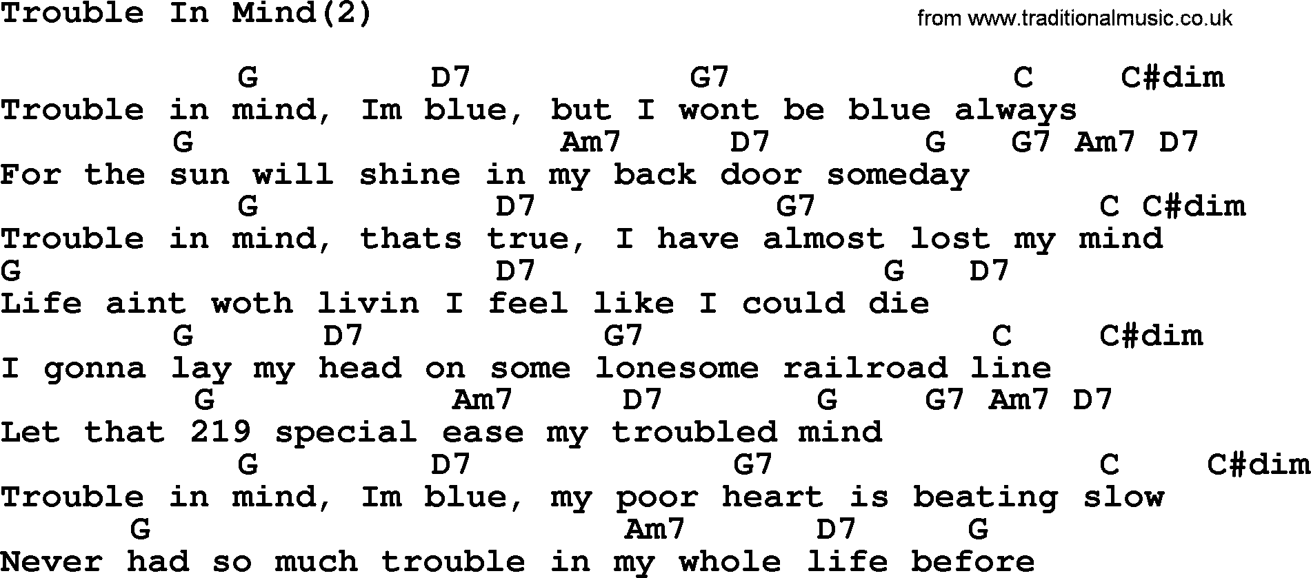 Johnny Cash song Trouble In Mind(2), lyrics and chords