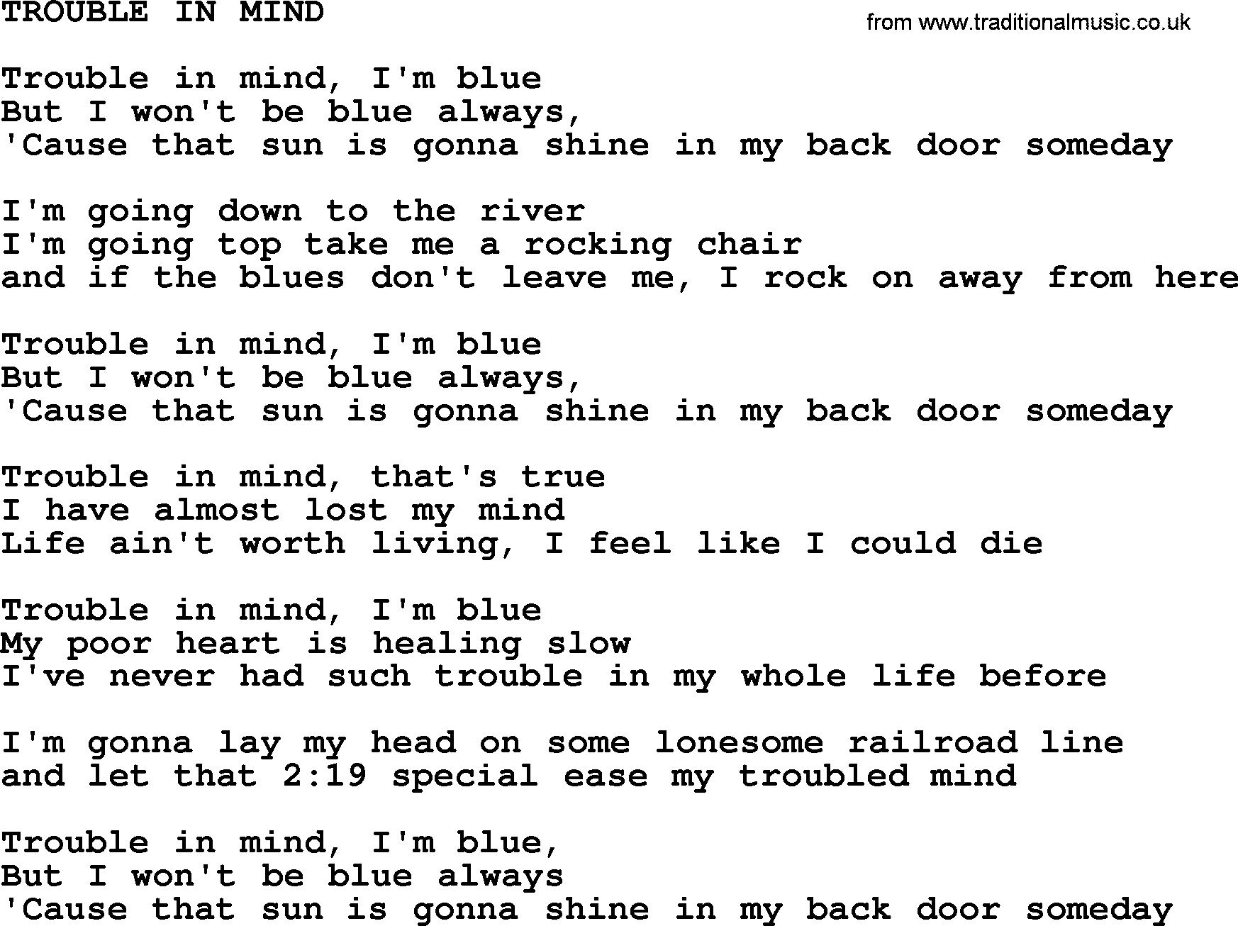 Johnny Cash song Trouble In Mind.txt lyrics