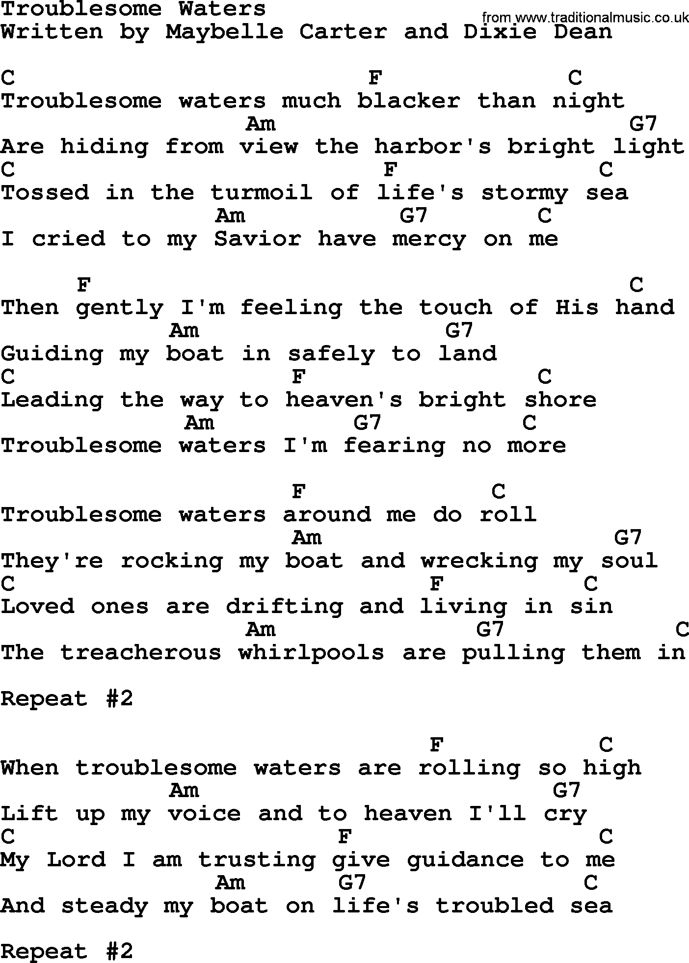 Johnny Cash song Troublesome Waters, lyrics and chords