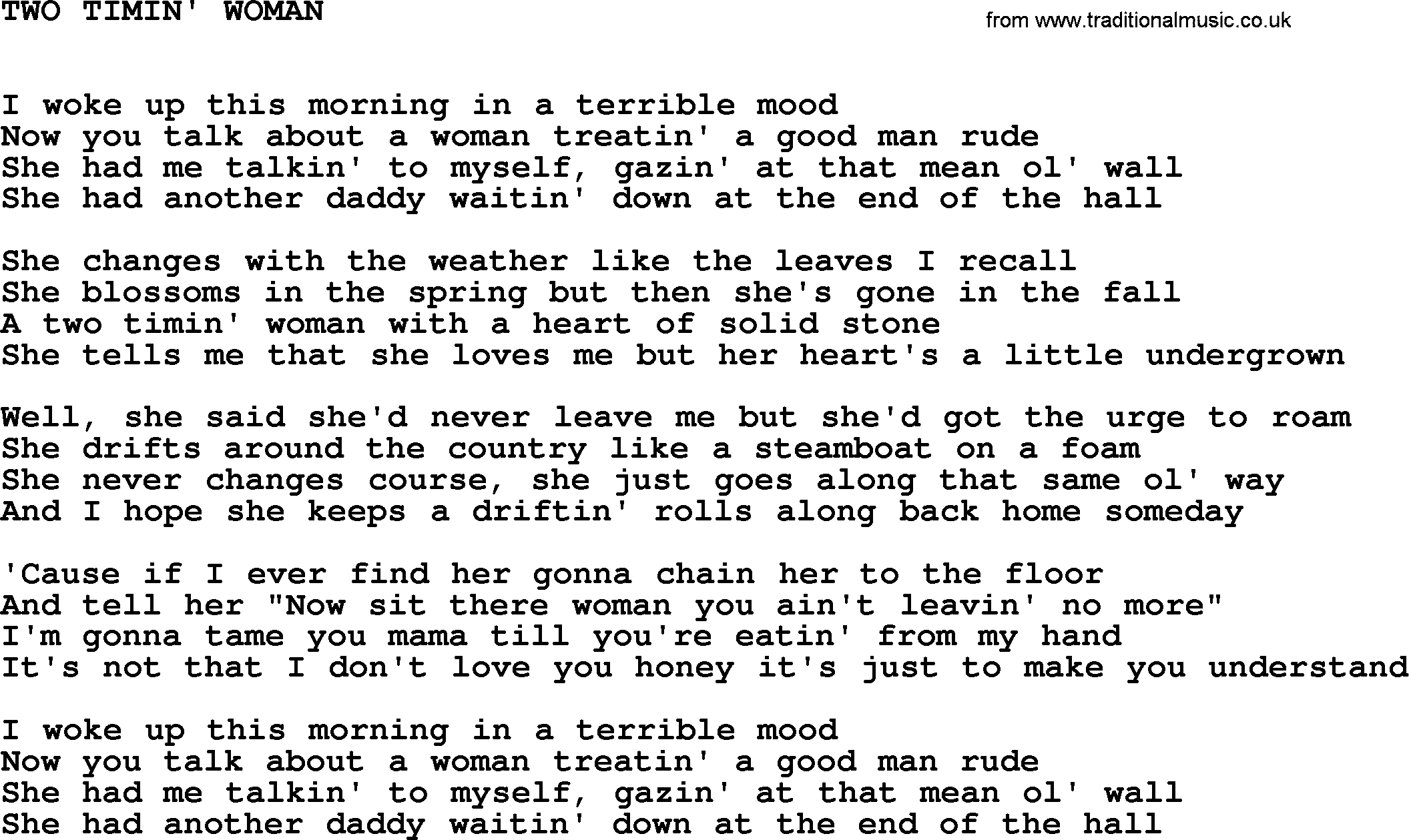 Johnny Cash song Two Timin' Woman.txt lyrics