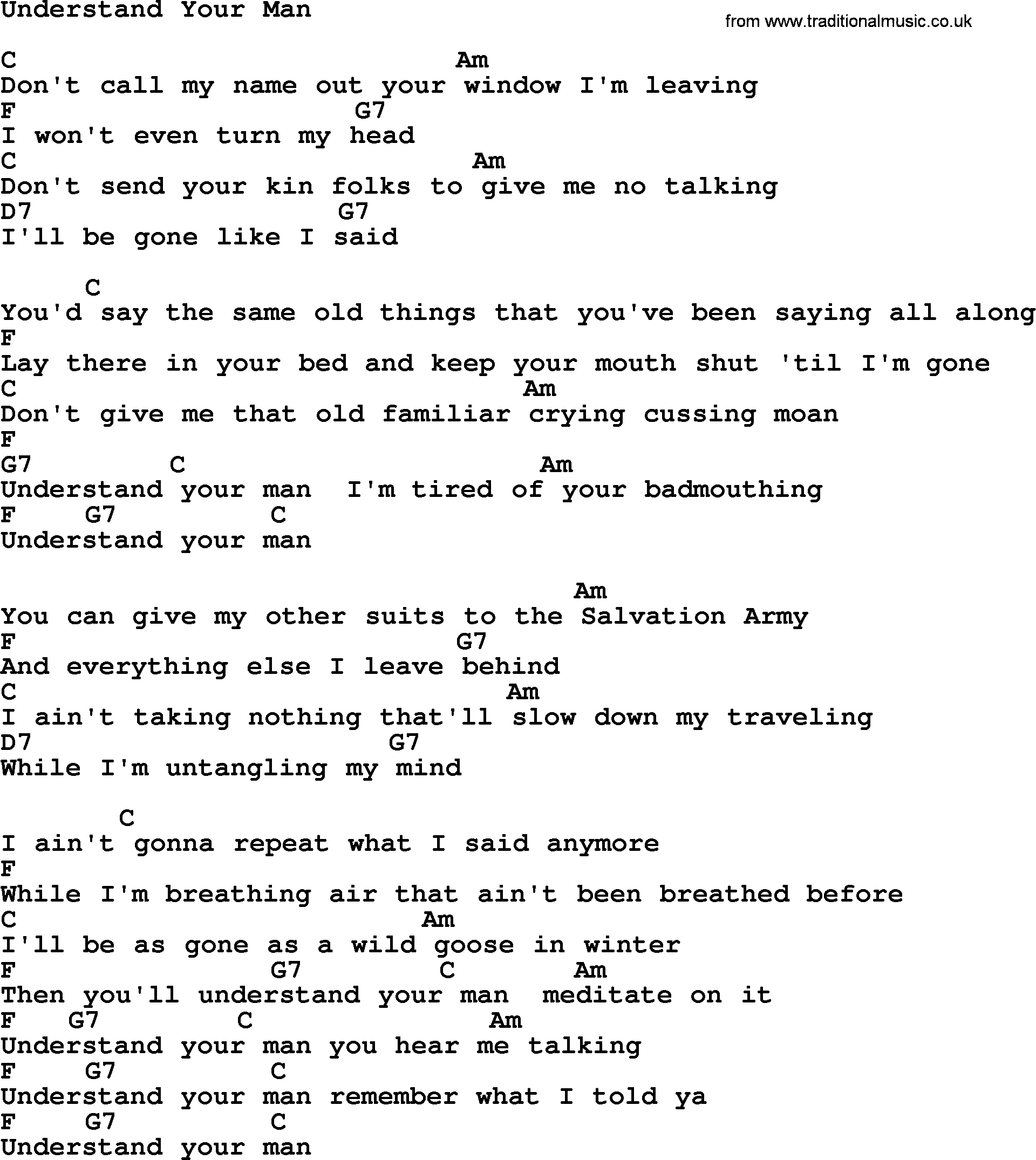 Johnny Cash song Understand Your Man, lyrics and chords
