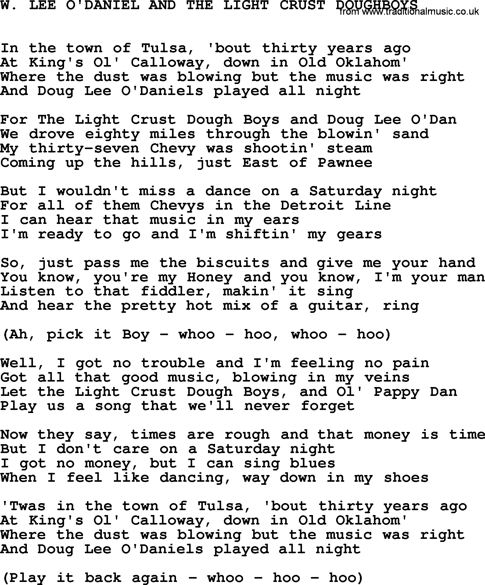 Johnny Cash song W. Lee O'daniel And The Light Crust Doughboys.txt lyrics