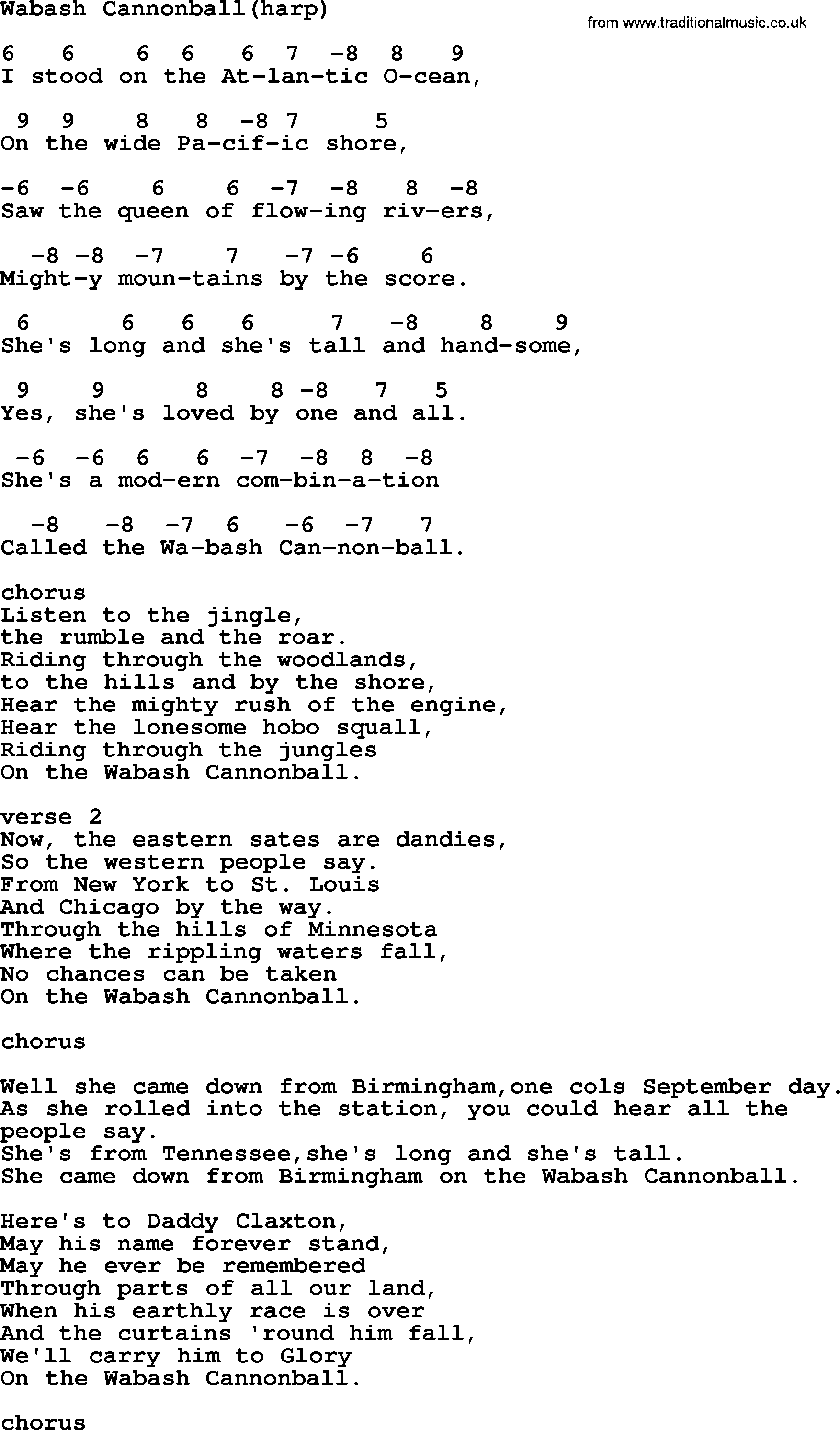 Johnny Cash song Wabash Cannonball(Harp), lyrics and chords