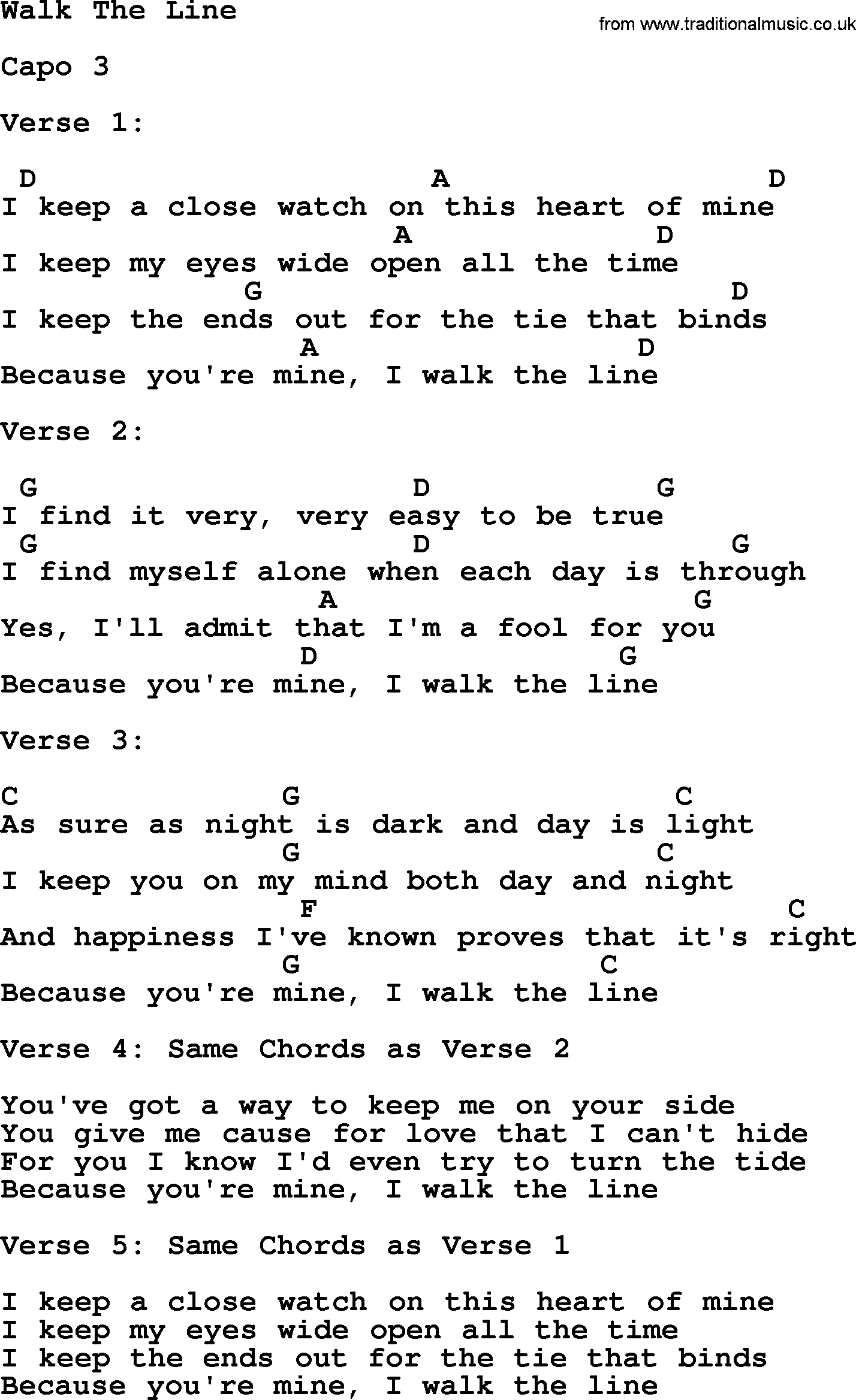 Johnny Cash song Walk The Line, lyrics and chords