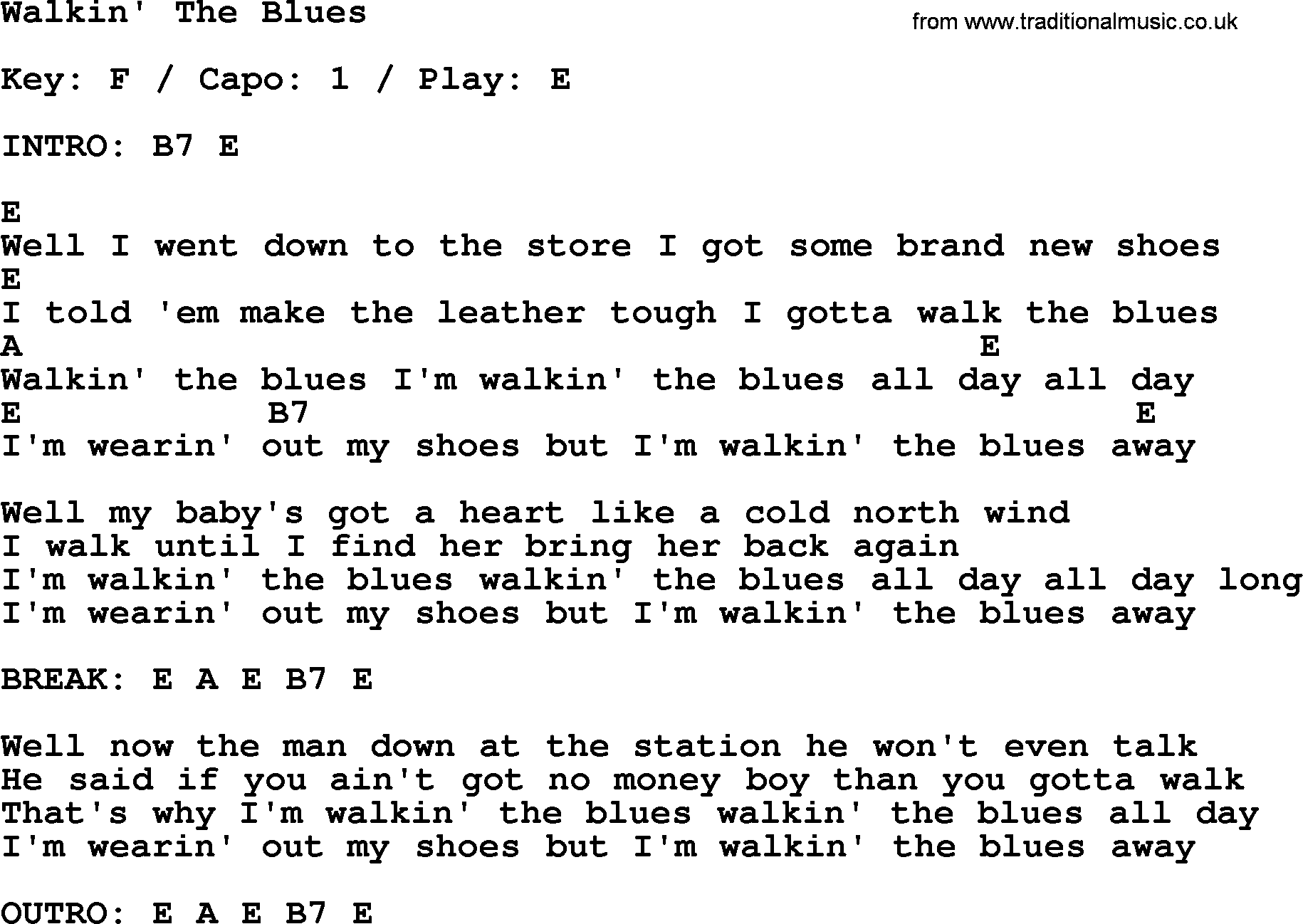 Johnny Cash song Walkin' The Blues, lyrics and chords