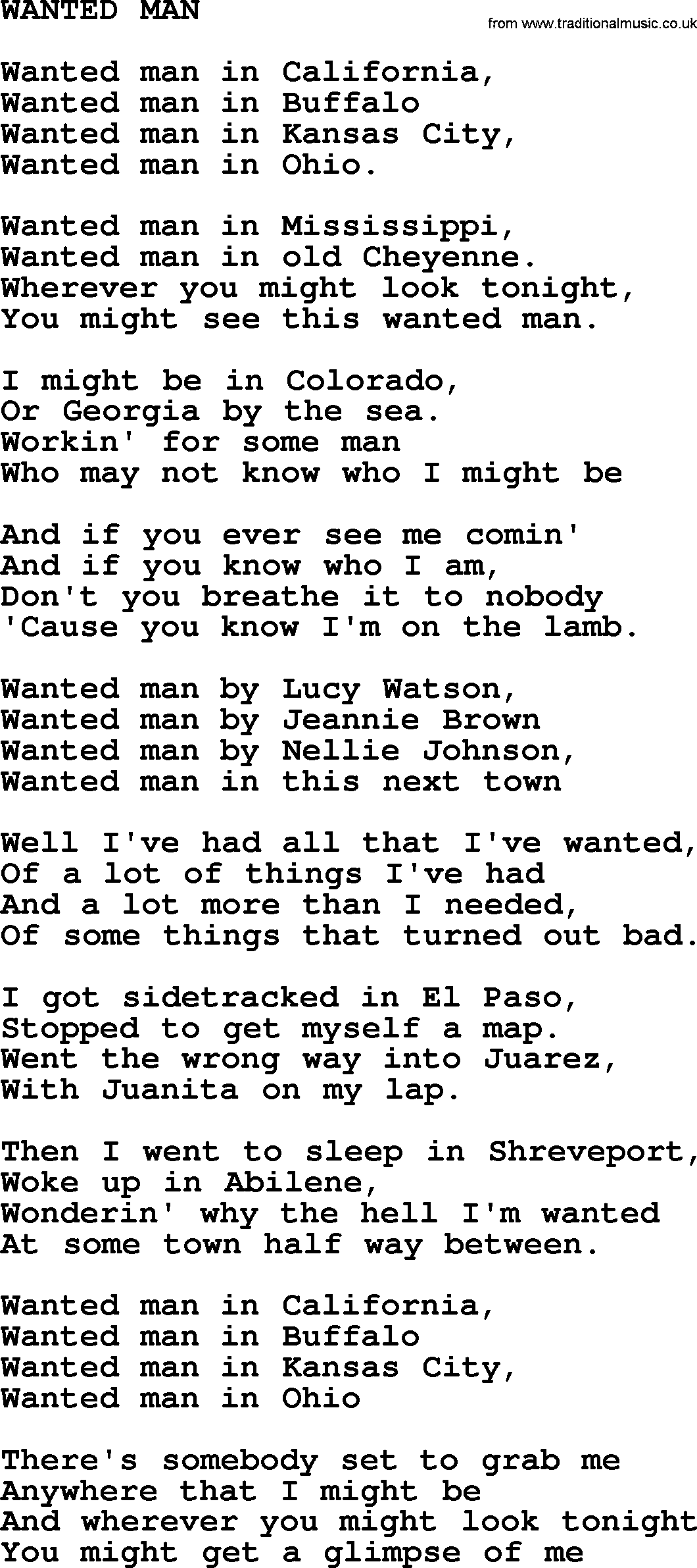 Johnny Cash song Wanted Man.txt lyrics