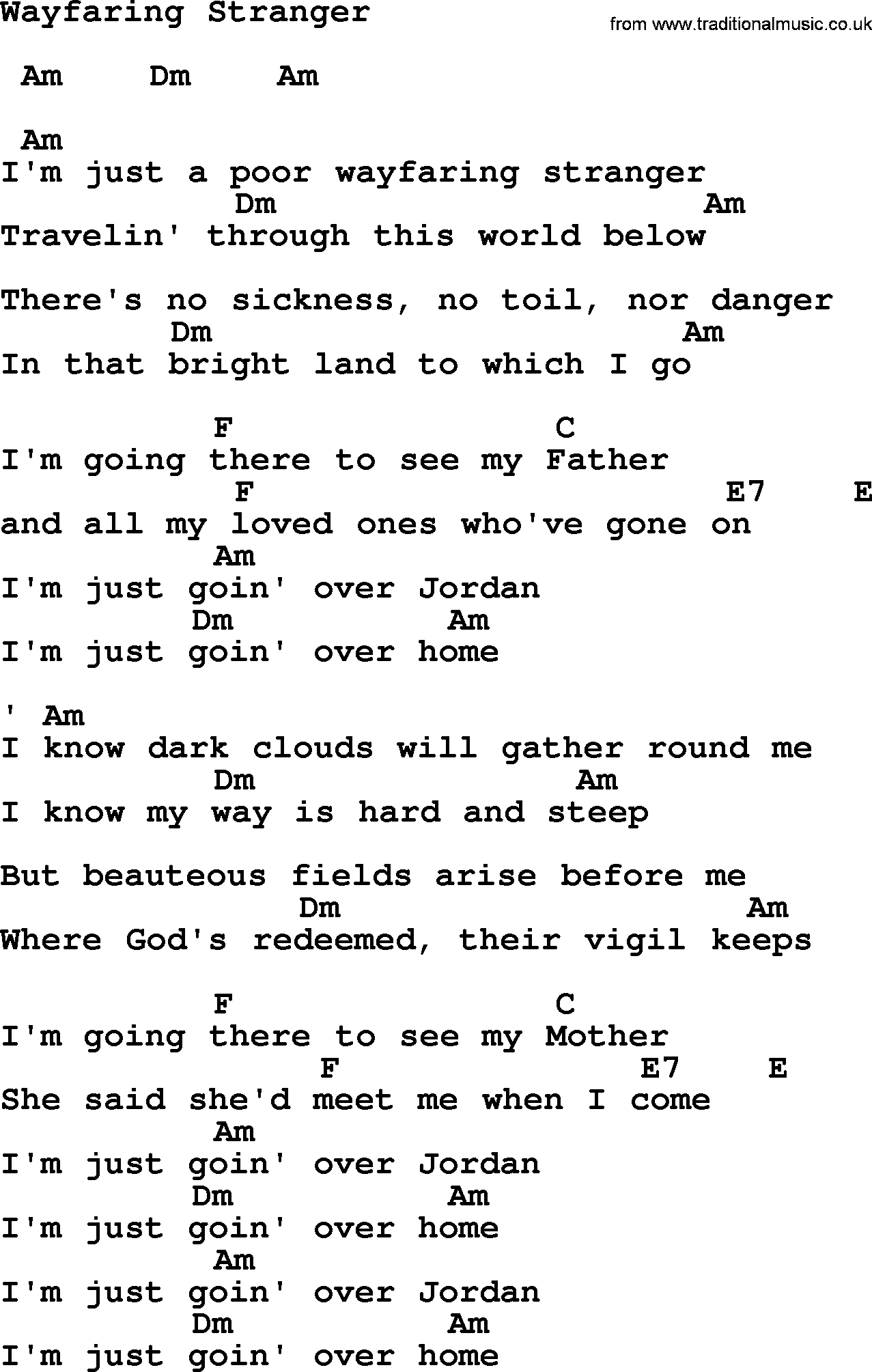 Johnny Cash song Wayfaring Stranger, lyrics and chords