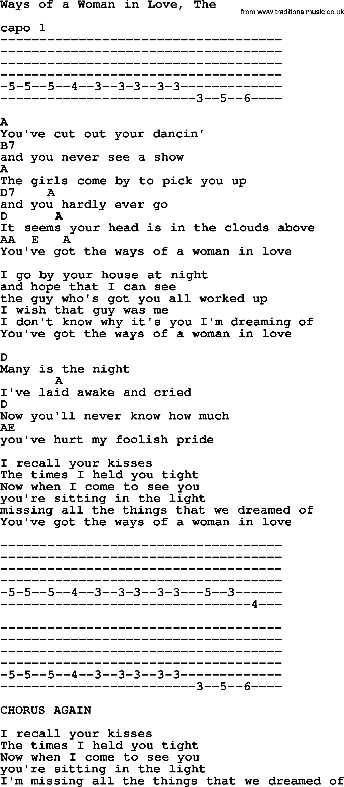 Johnny Cash song Ways Of A Woman In Love, The, lyrics and chords