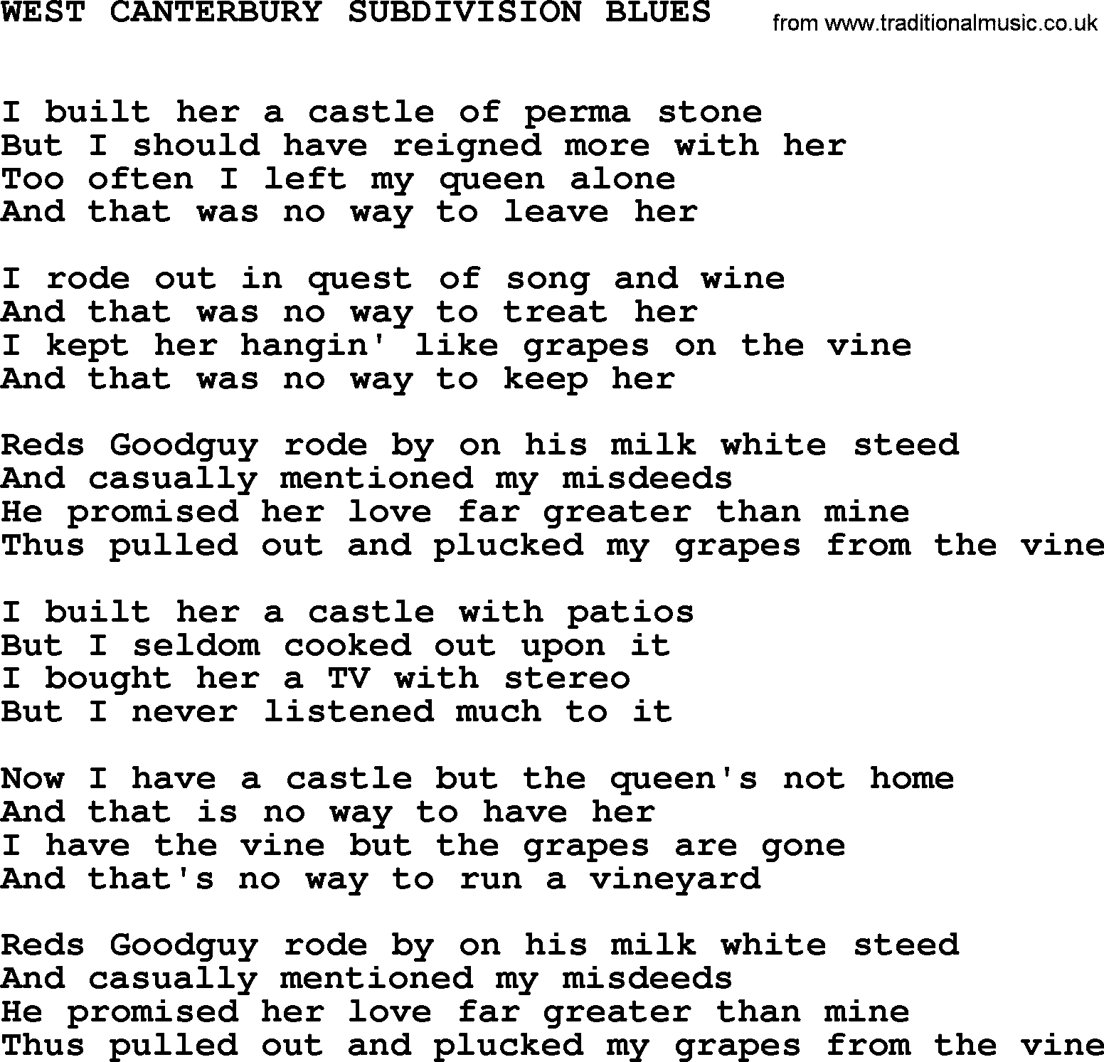 Johnny Cash song West Canterbury Subdivision Blues.txt lyrics