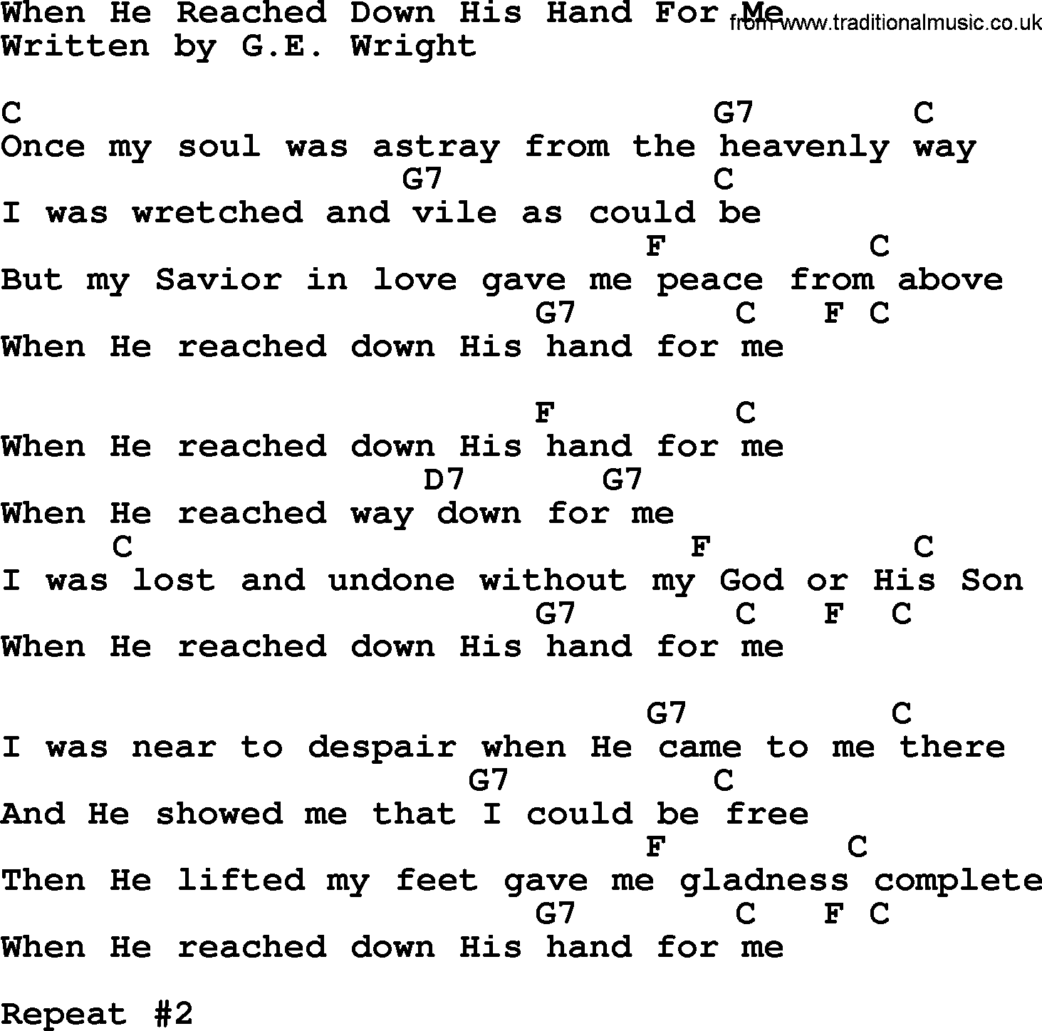 Johnny Cash song When He Reached Down His Hand For Me, lyrics and chords