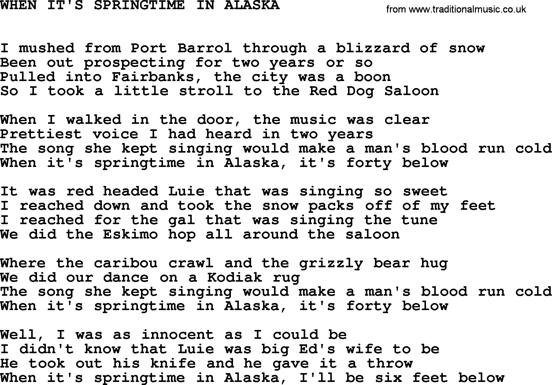 Johnny Cash song When It's Springtime In Alaska.txt lyrics