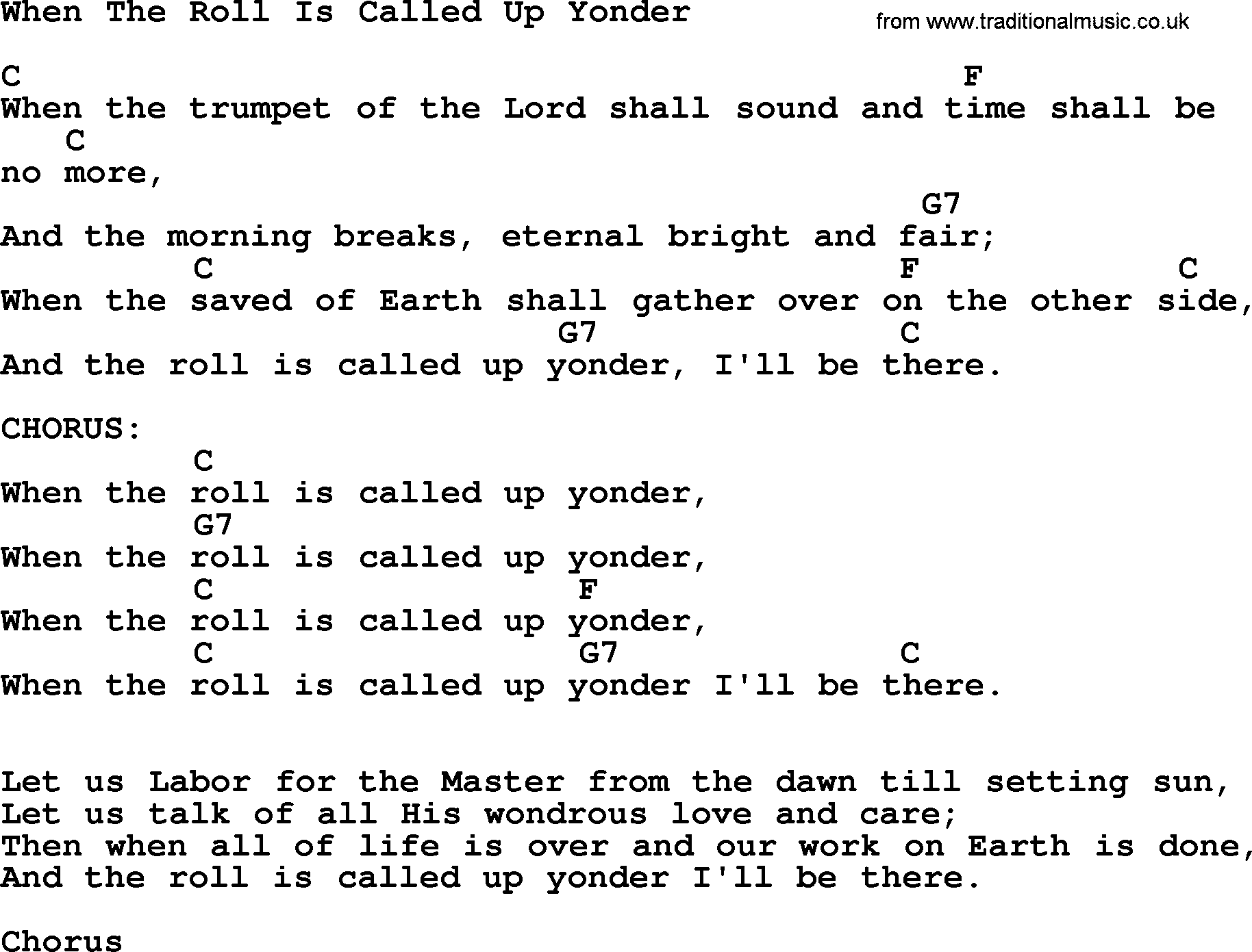 Johnny Cash song When The Roll Is Called Up Yonder, lyrics and chords