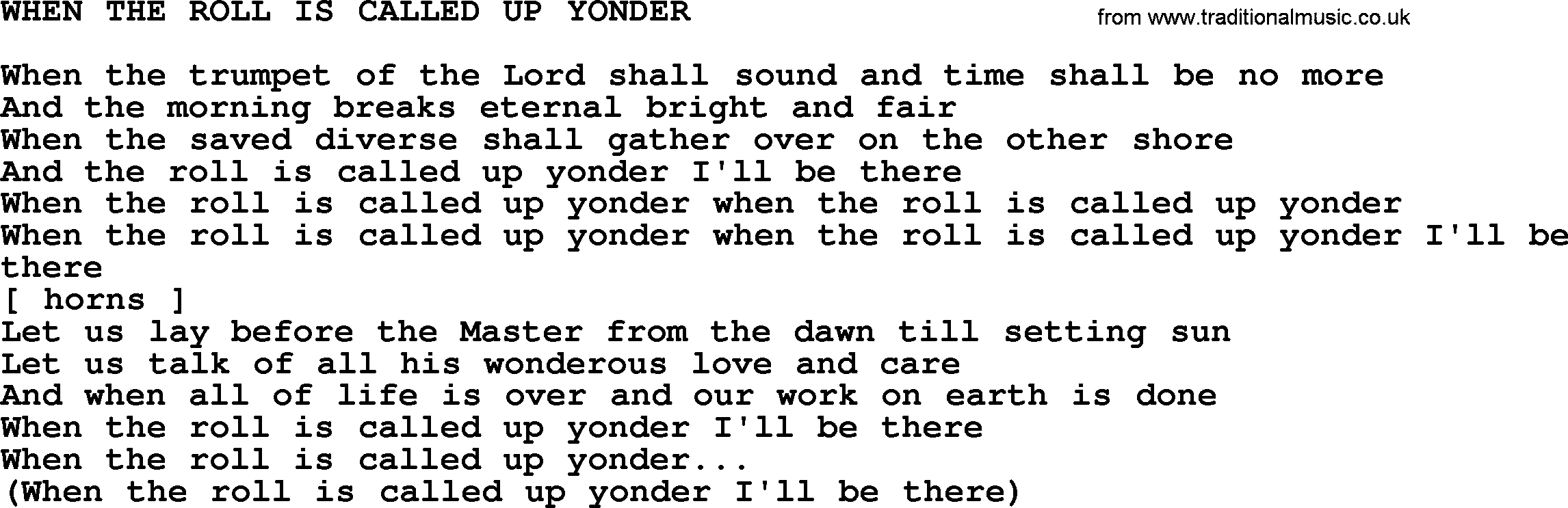 Johnny Cash song When The Roll Is Called Up Yonder.txt lyrics