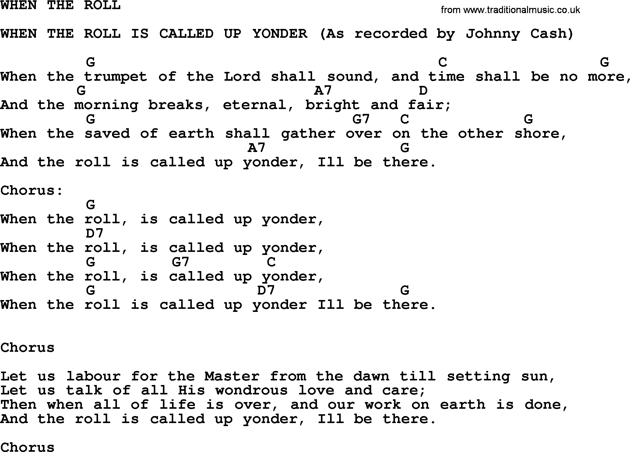Johnny Cash song When The Roll.txt lyrics