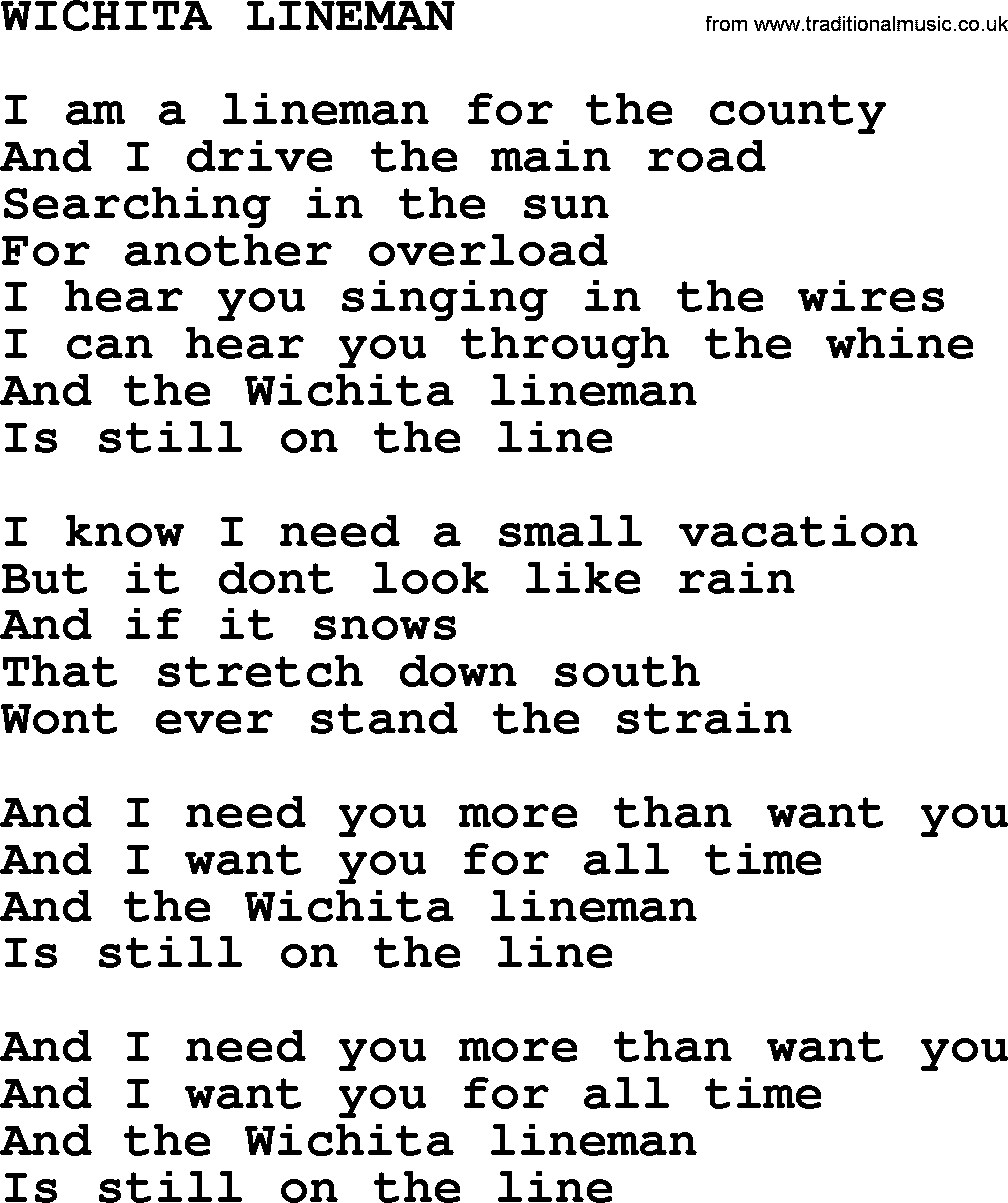 Johnny Cash song Wichita Lineman.txt lyrics