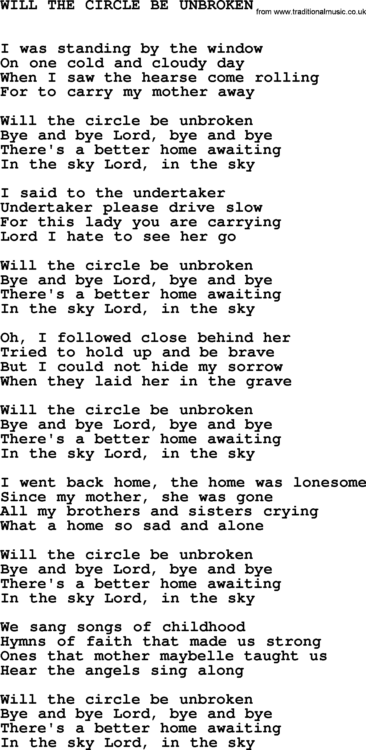 Johnny Cash song Will The Circle Be Unbroken.txt lyrics
