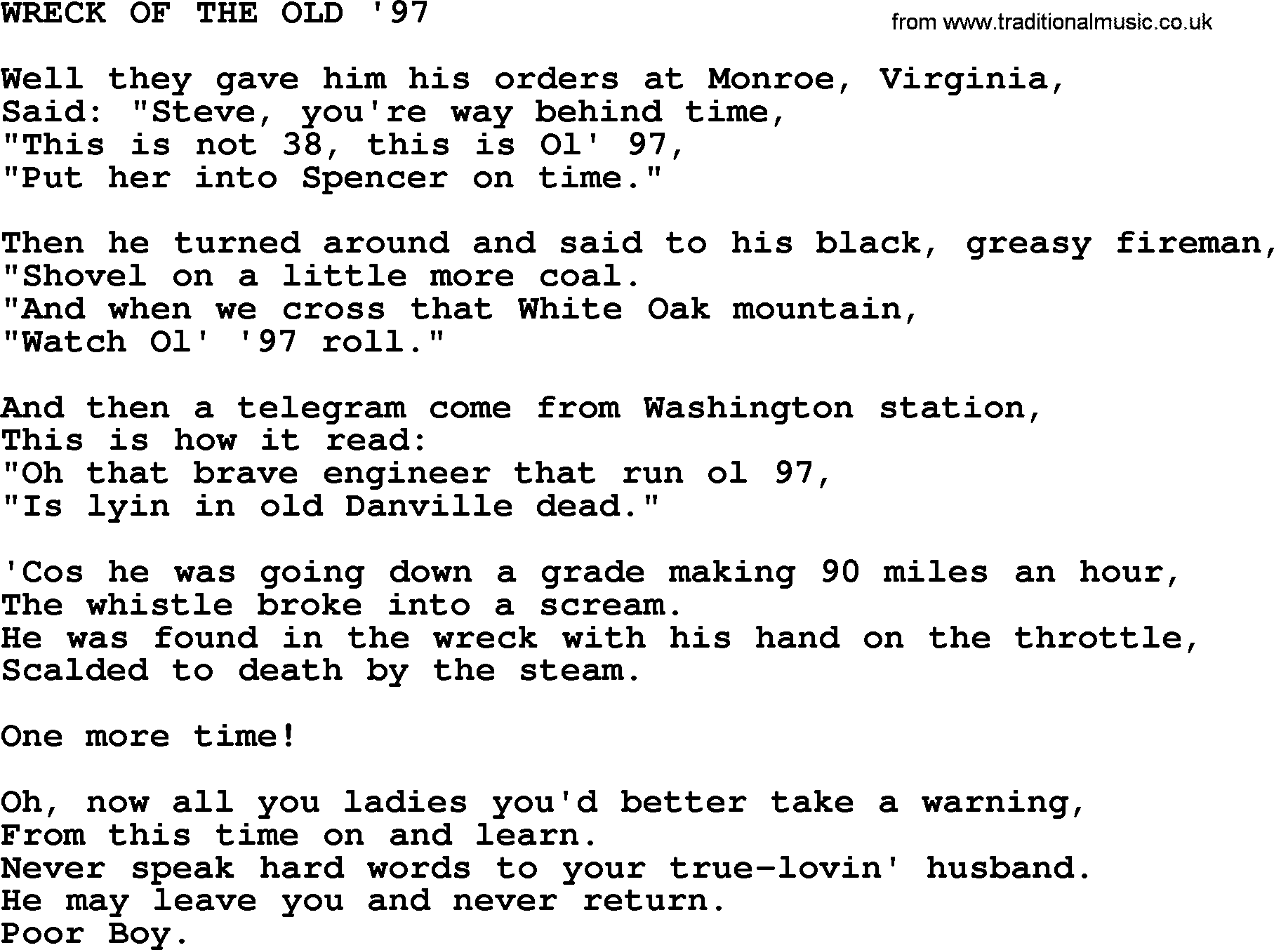 Johnny Cash song Wreck Of The Old '97.txt lyrics