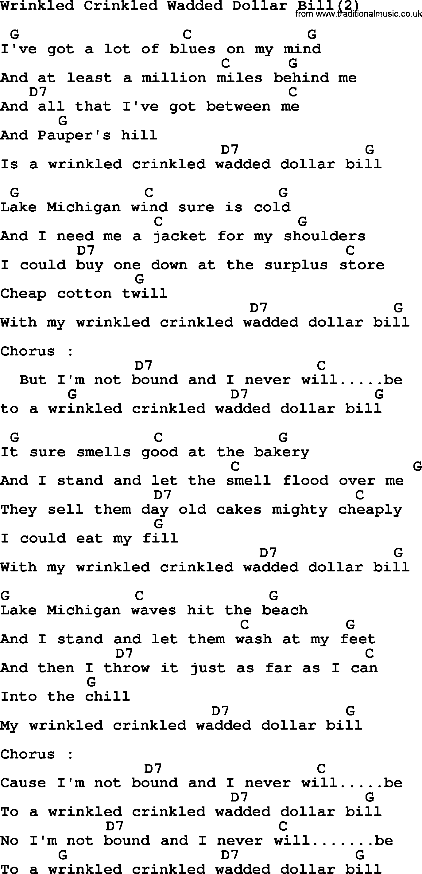 Johnny Cash song Wrinkled Crinkled Wadded Dollar Bill(2), lyrics and chords