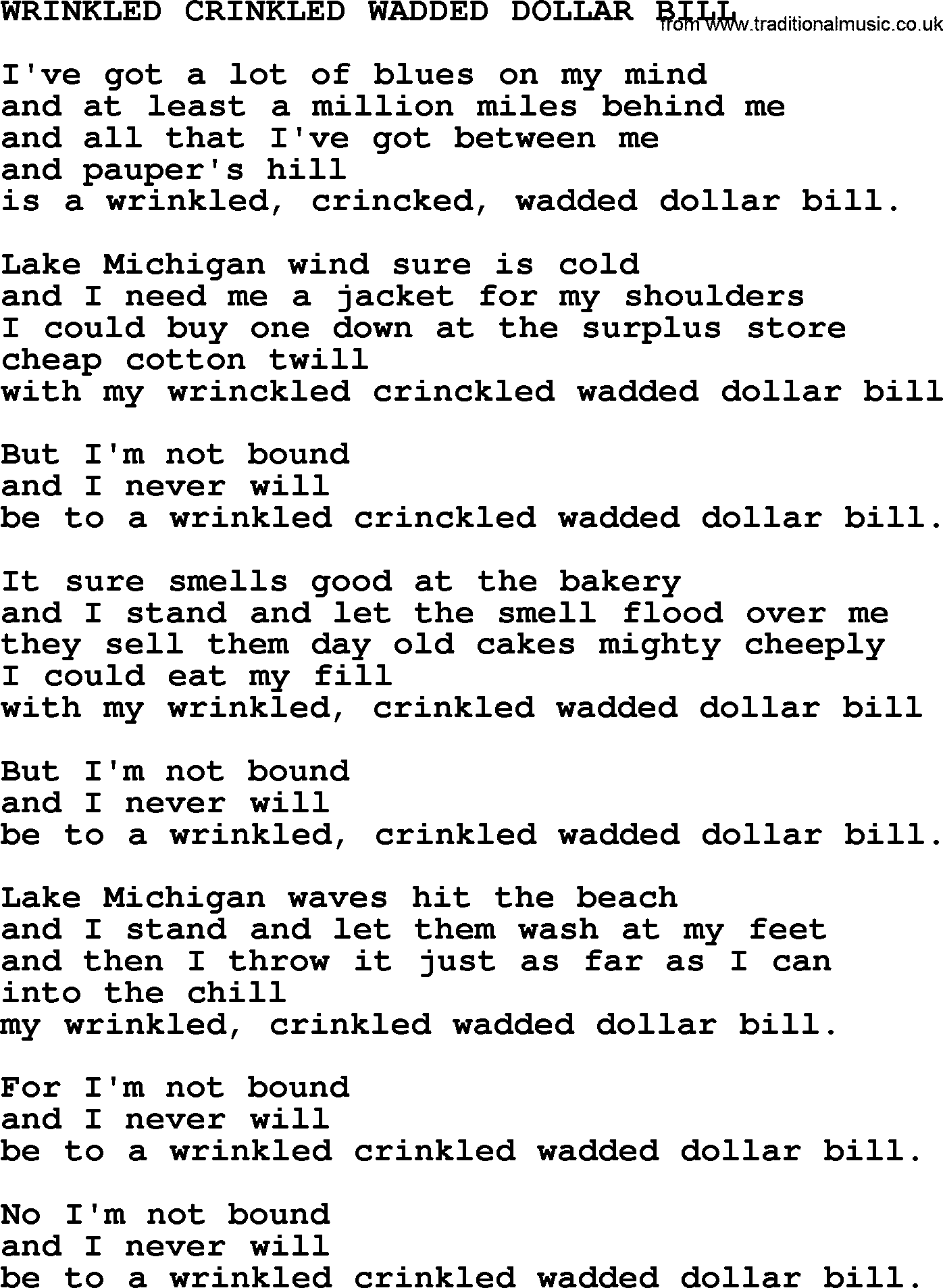 Johnny Cash song Wrinkled Crinkled Wadded Dollar Bill.txt lyrics