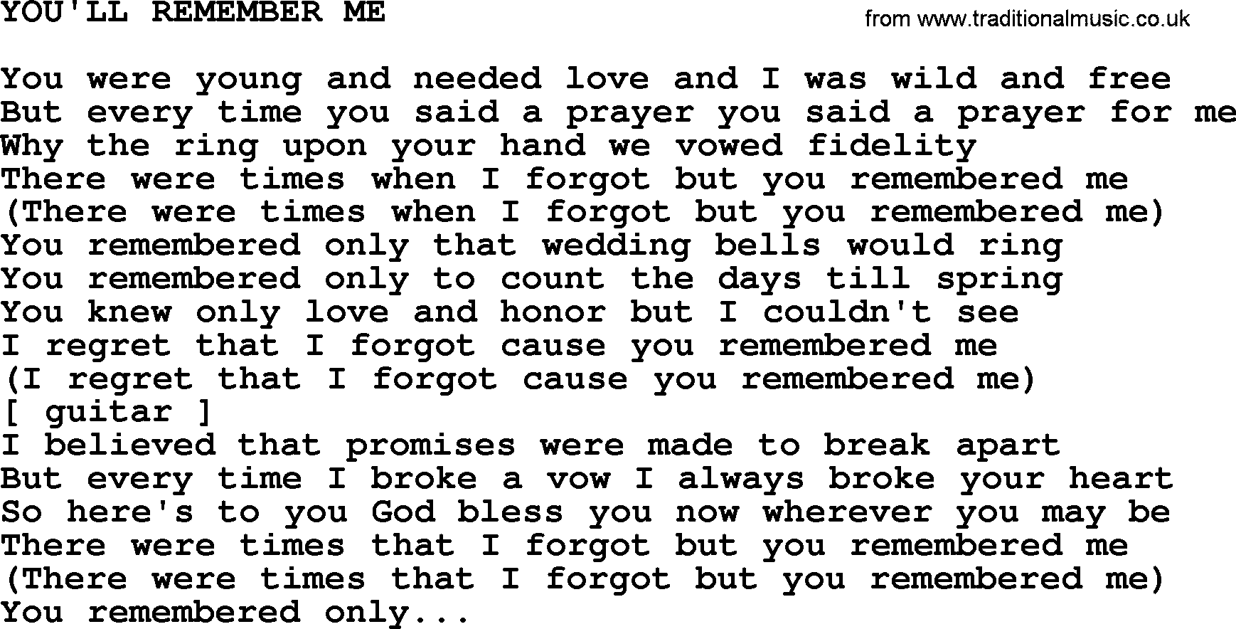 Johnny Cash song You'll Remember Me.txt lyrics