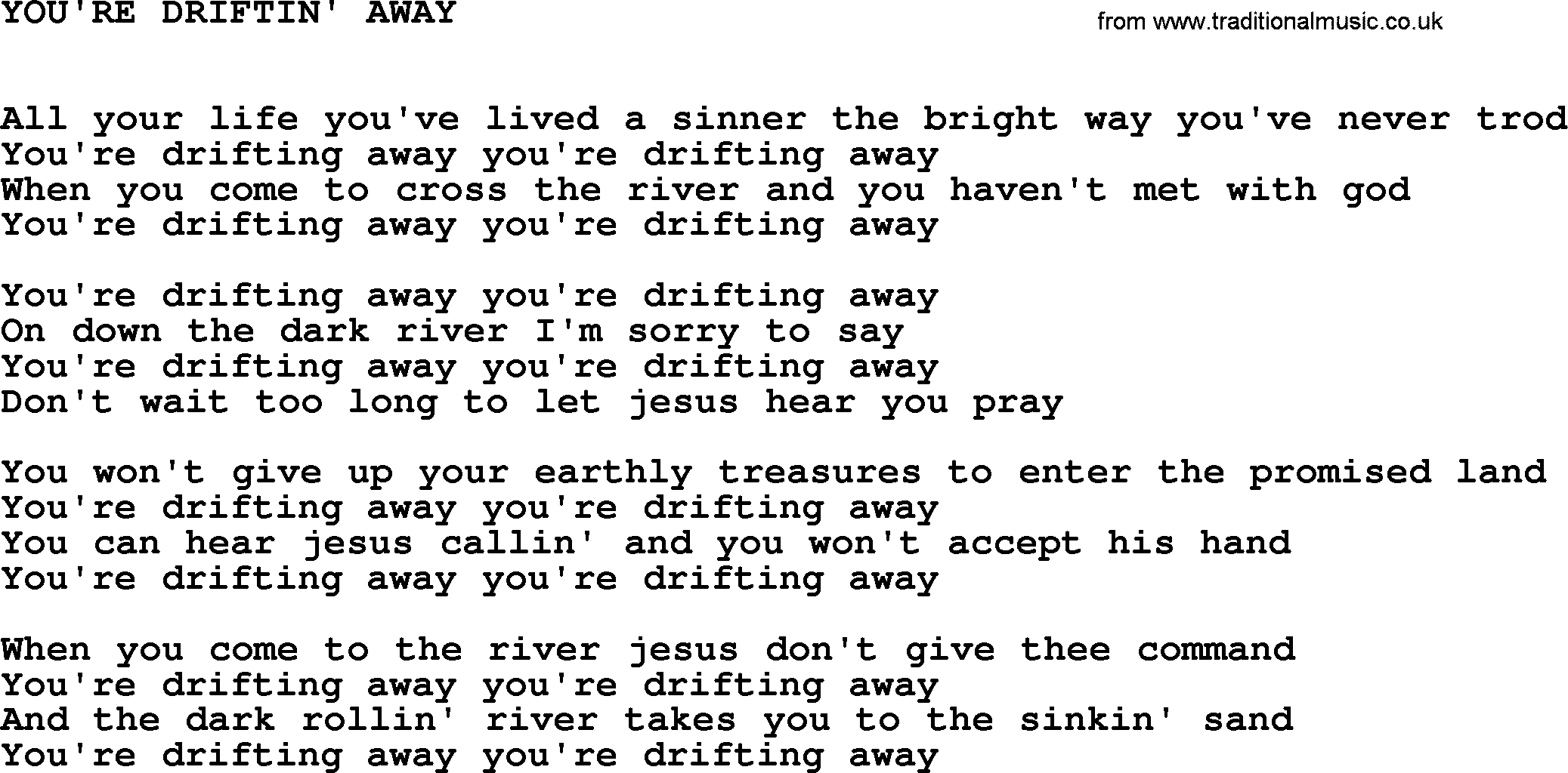 Johnny Cash song You're Driftin' Away.txt lyrics