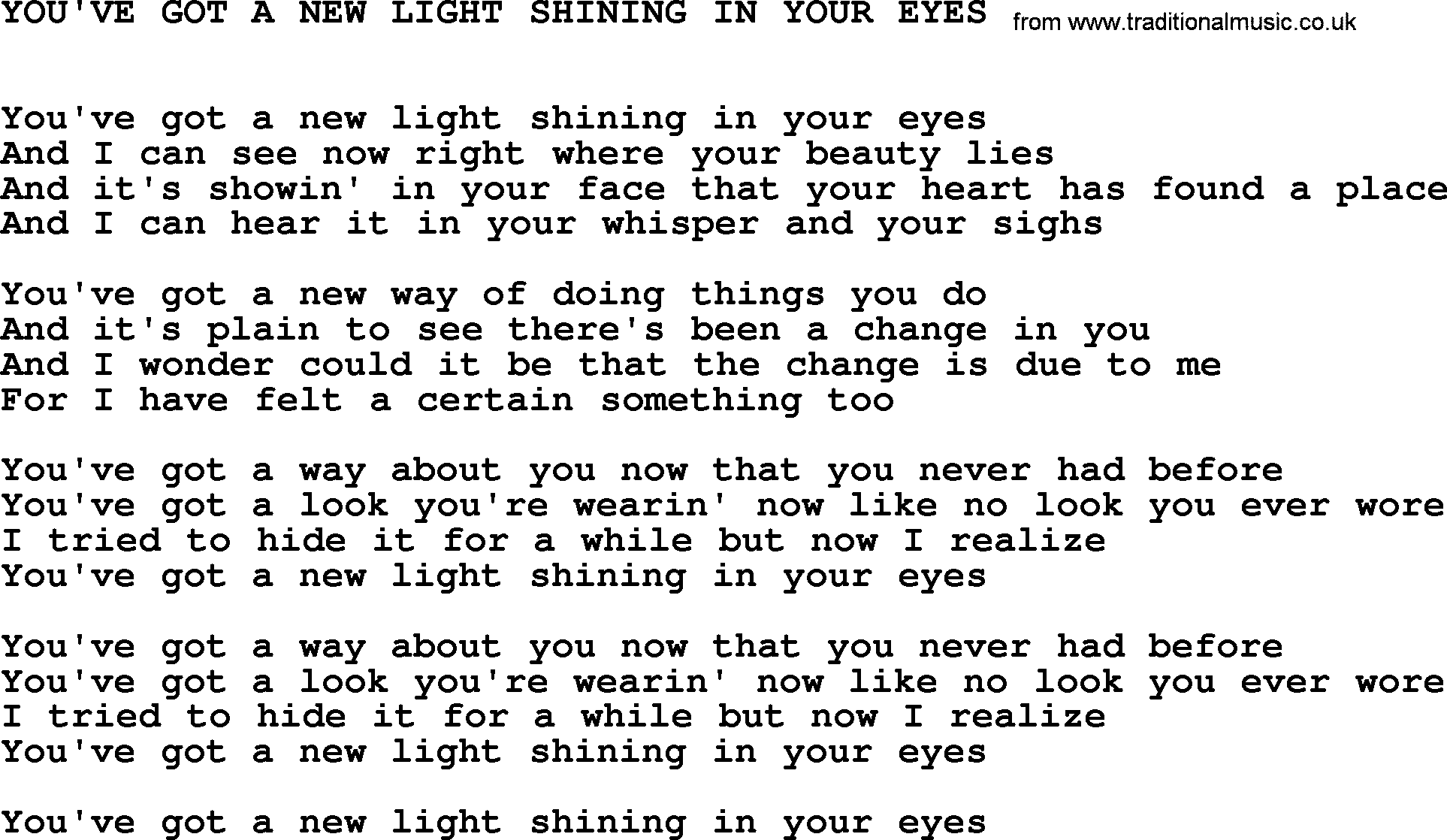 Johnny Cash song You've Got A New Light Shining In Your Eyes.txt lyrics