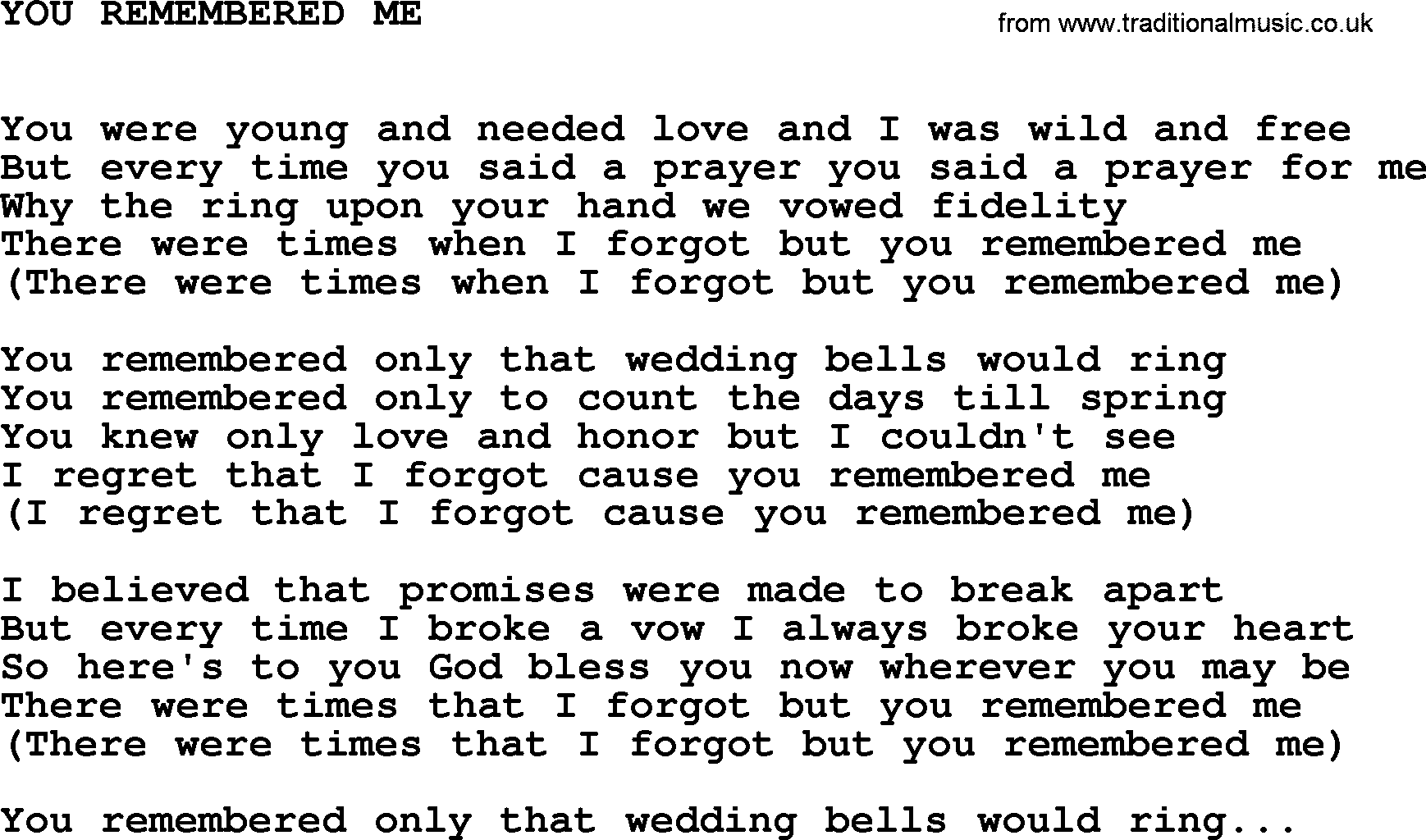 Johnny Cash song You Remembered Me.txt lyrics