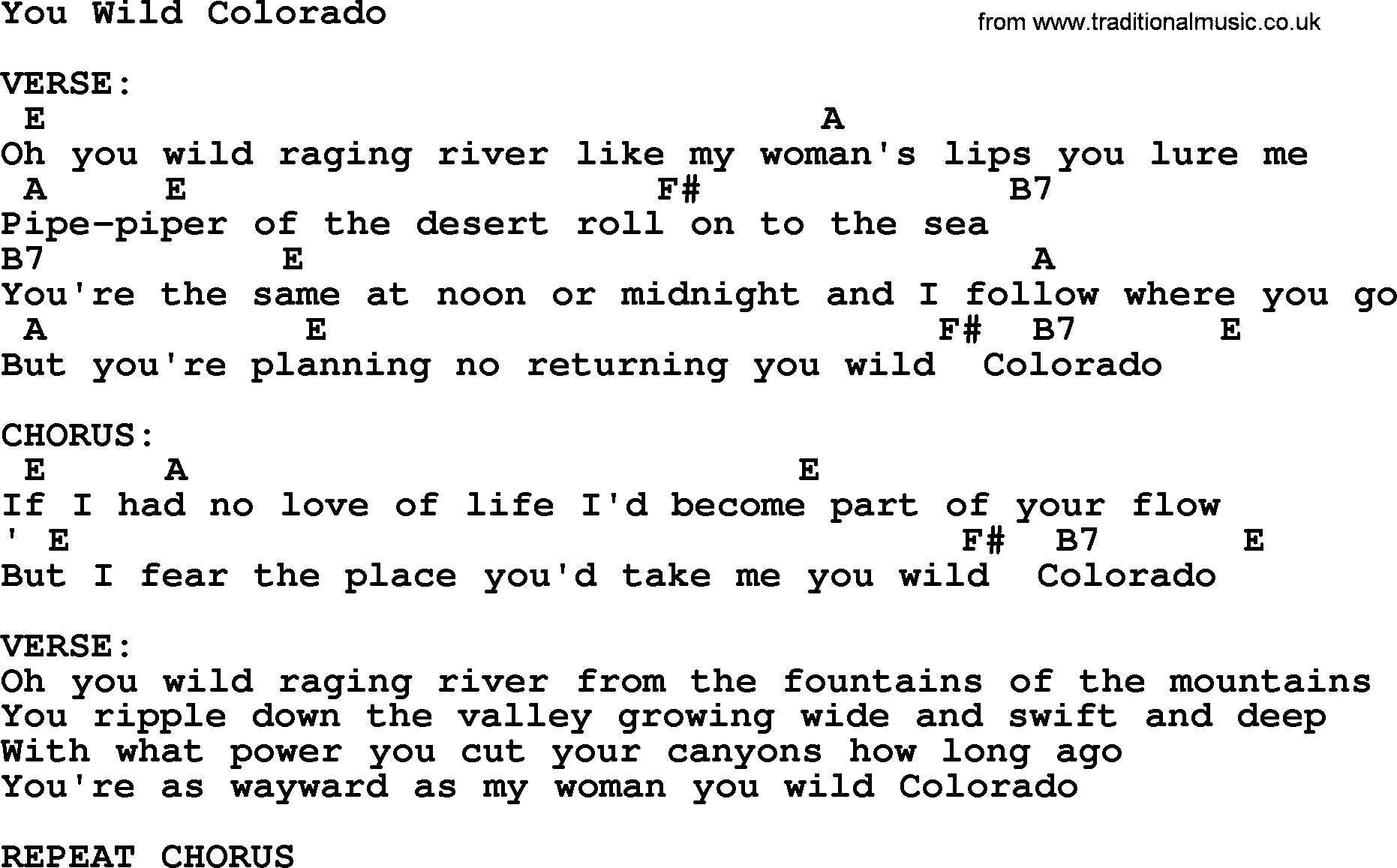 Johnny Cash song You Wild Colorado, lyrics and chords