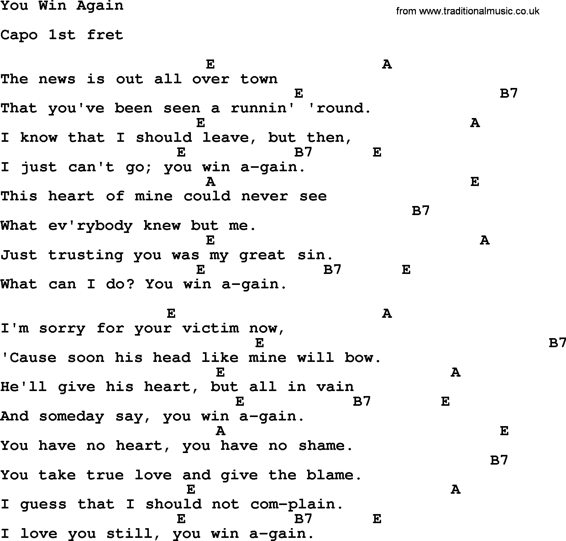Johnny Cash song You Win Again, lyrics and chords