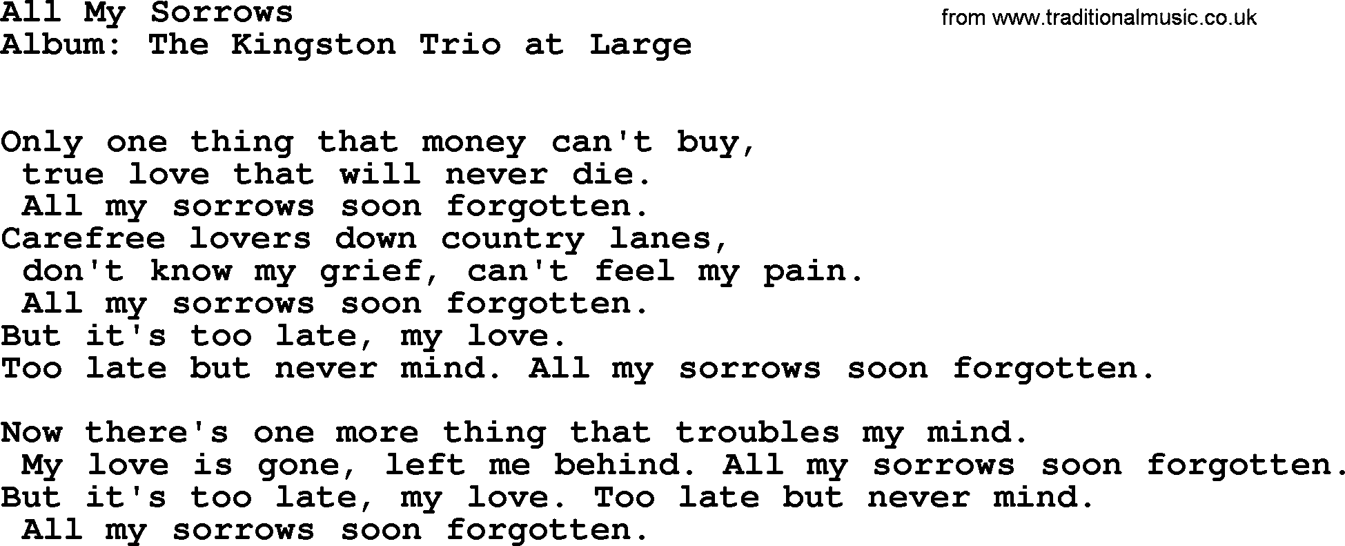 Kingston Trio song All My Sorrows, lyrics