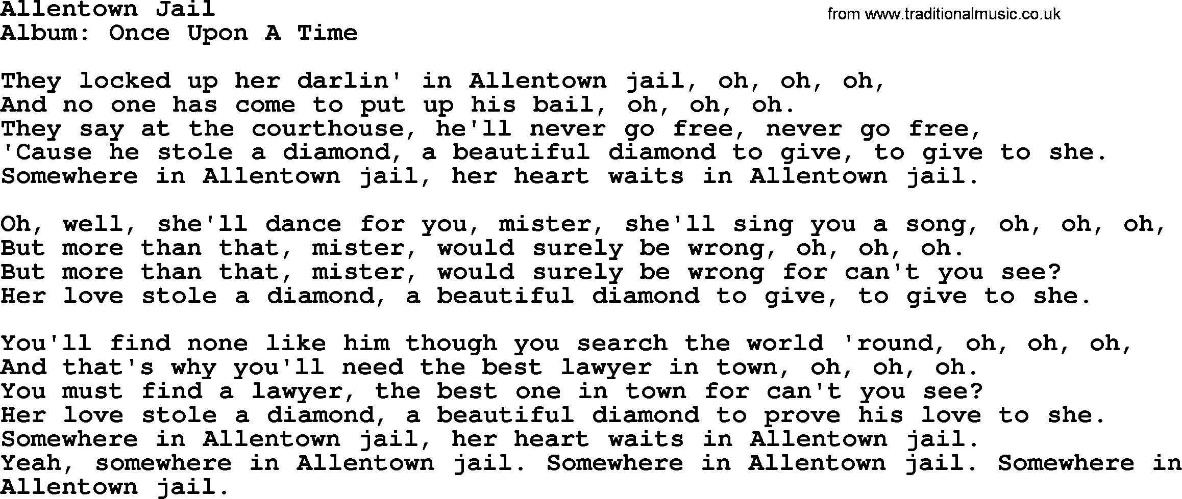 Kingston Trio song Allentown Jail, lyrics
