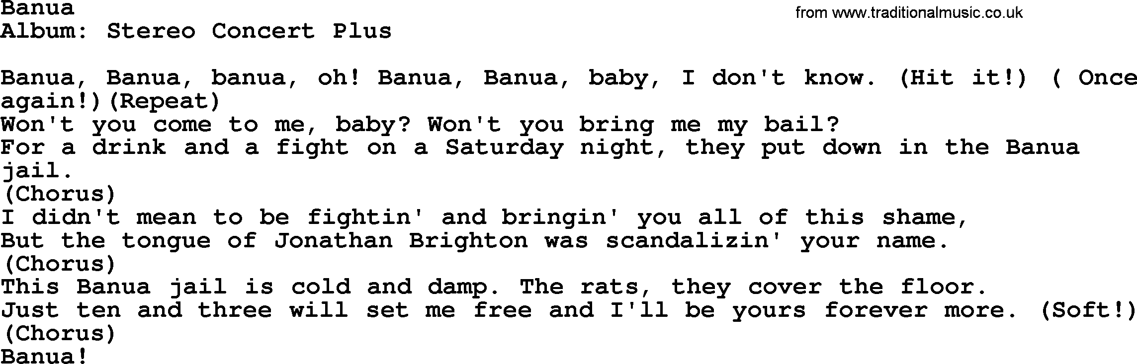 Kingston Trio song Banua, lyrics