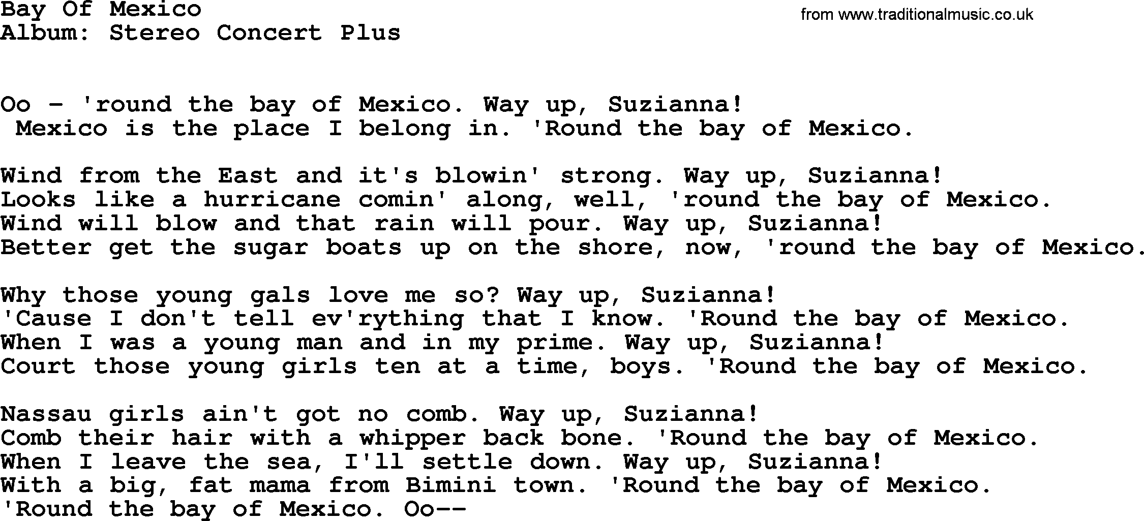 Kingston Trio song Bay Of Mexico, lyrics