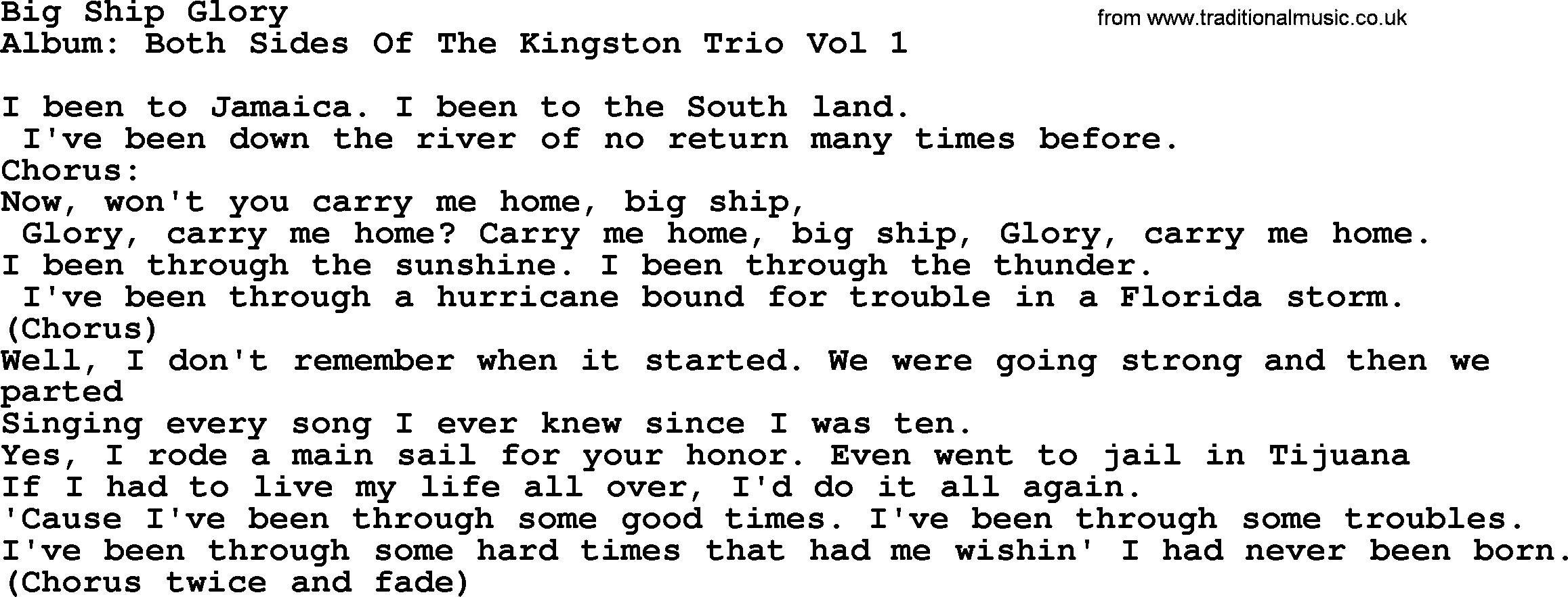 Kingston Trio song Big Ship Glory, lyrics