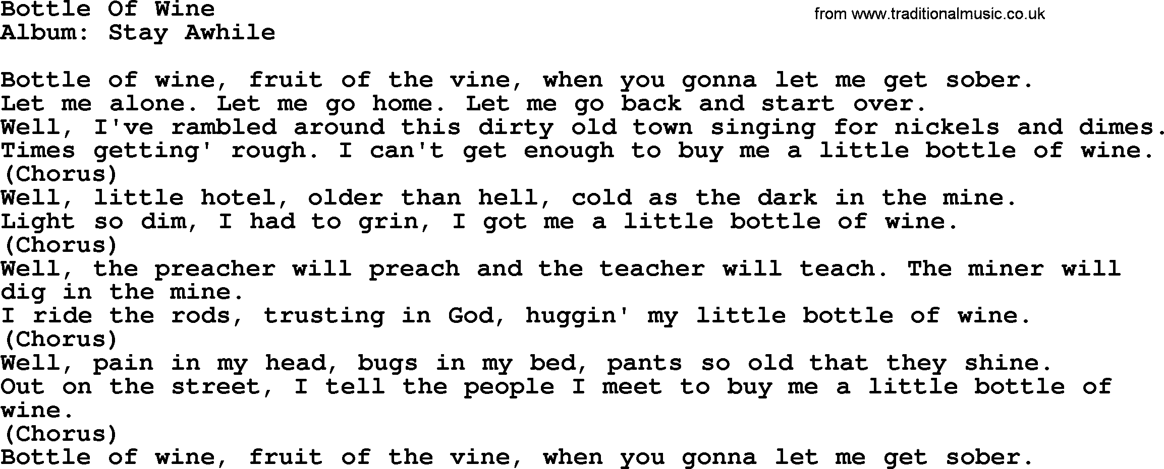Kingston Trio song Bottle Of Wine, lyrics