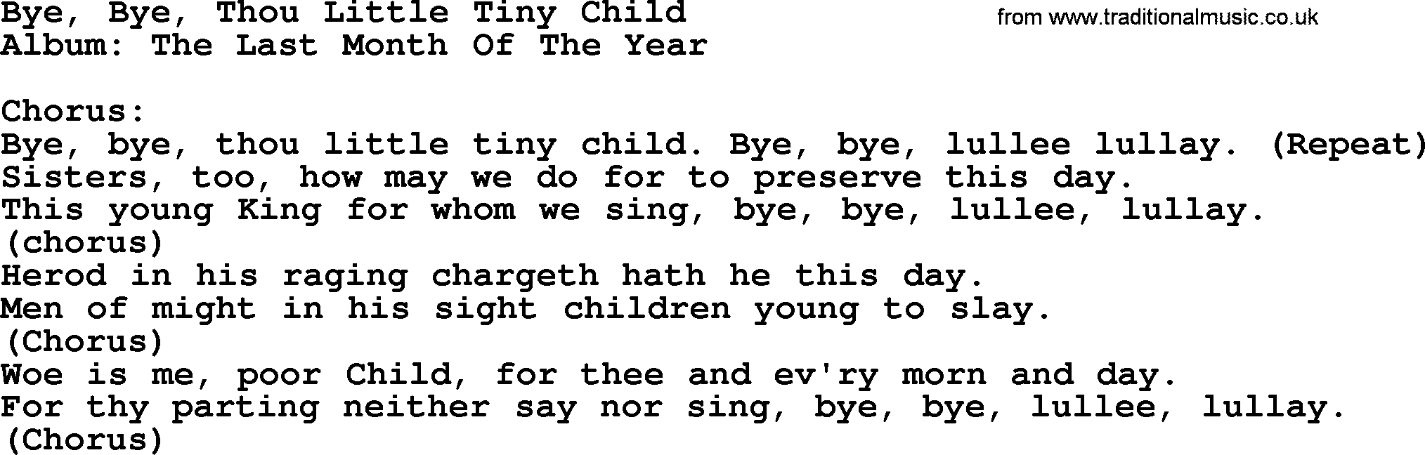 Kingston Trio song Bye, Bye, Thou Little Tiny Child, lyrics