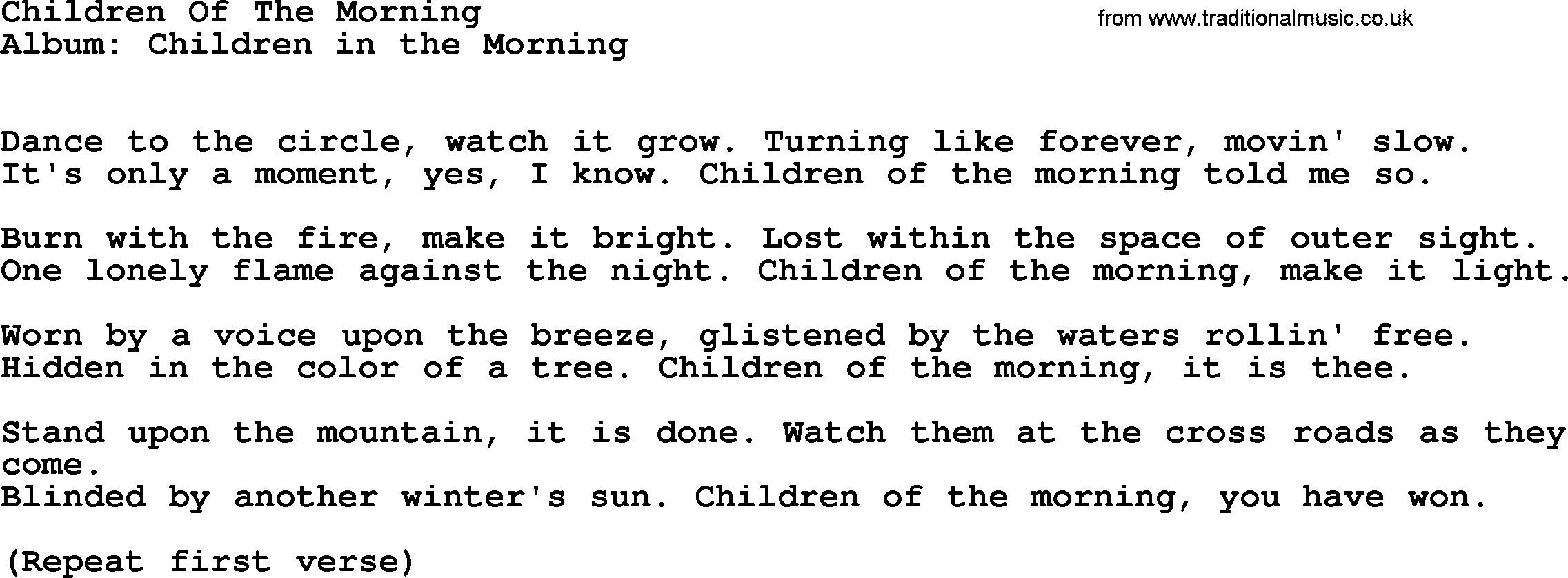 Kingston Trio song Children Of The Morning, lyrics