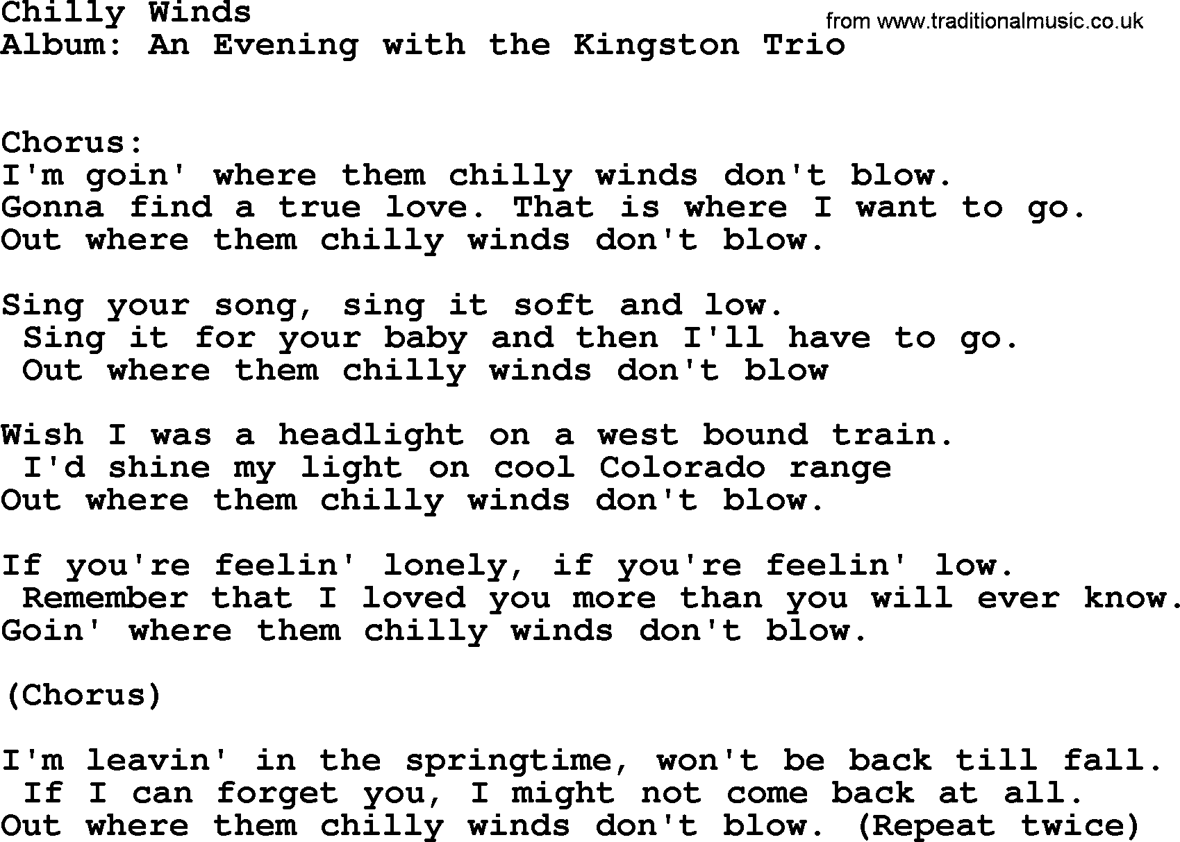 Kingston Trio song Chilly Winds, lyrics