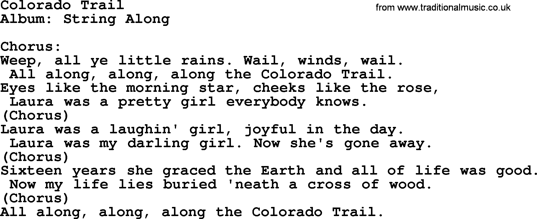 Kingston Trio song Colorado Trail, lyrics